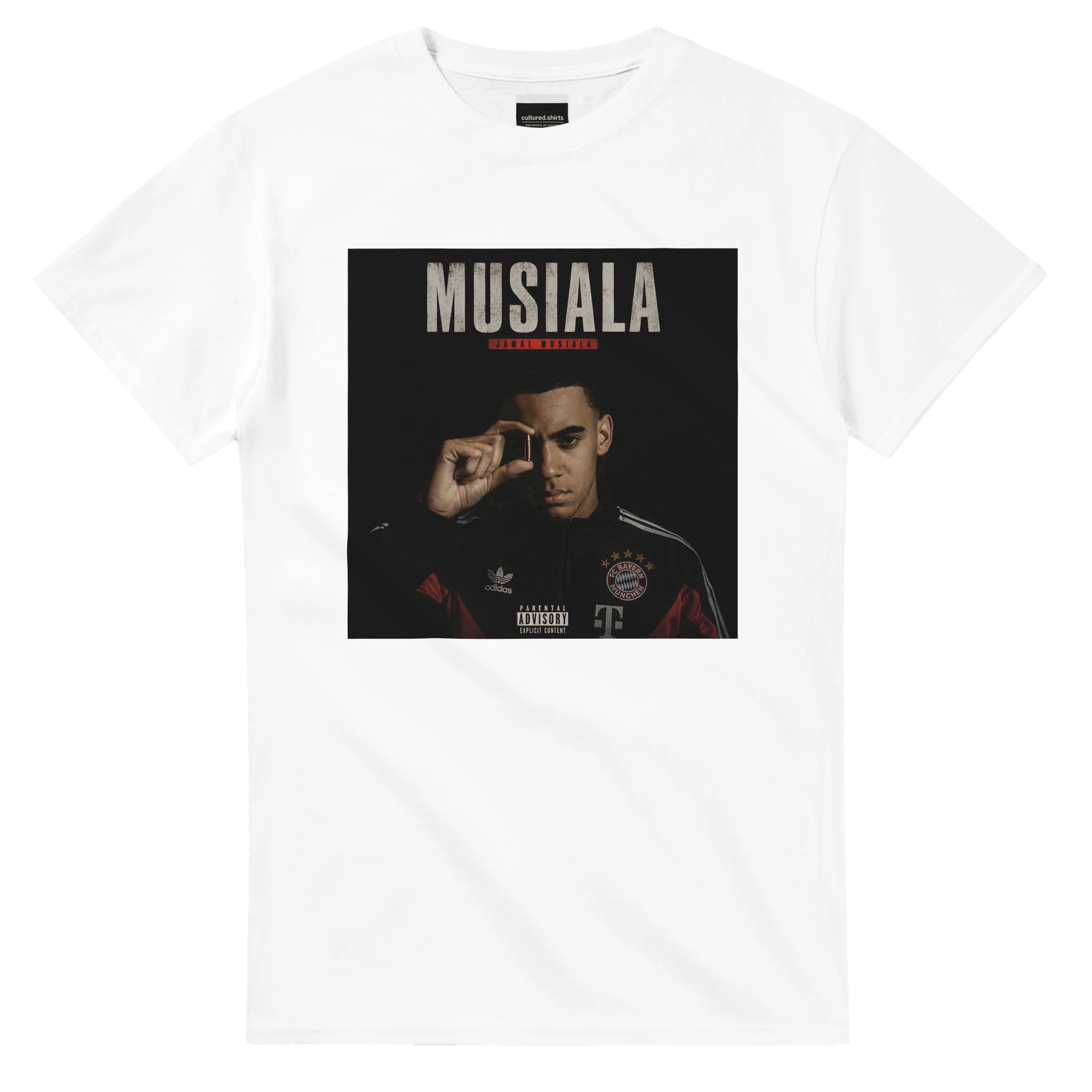 White crewneck T-shirt with front graphic print of Musiala face and text
