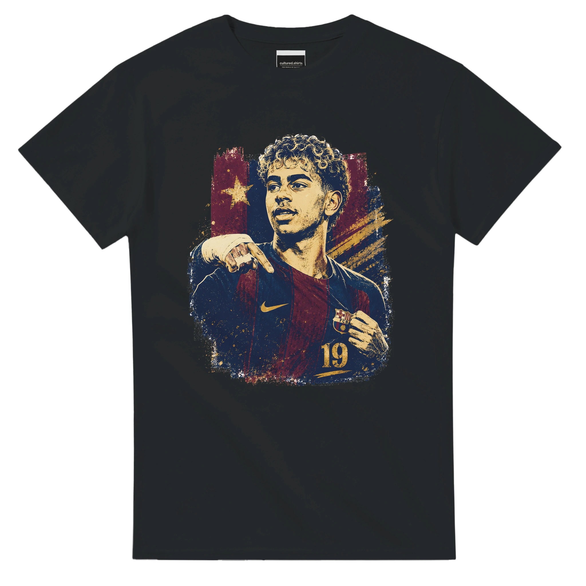 Black T-shirt with Lamine portrait graphic and stars on the chest