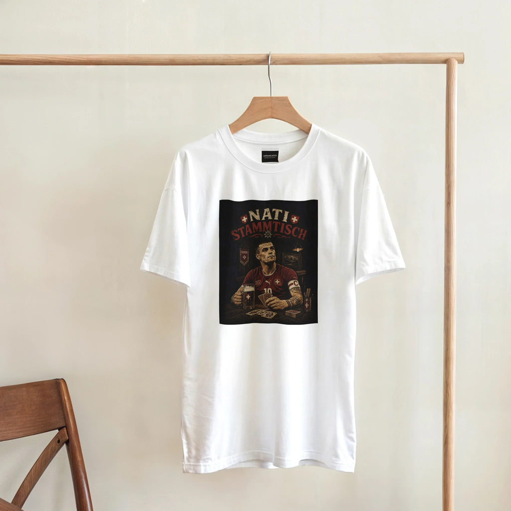 White T-shirt on hanger with square 'Nati Stammisch' graphic print