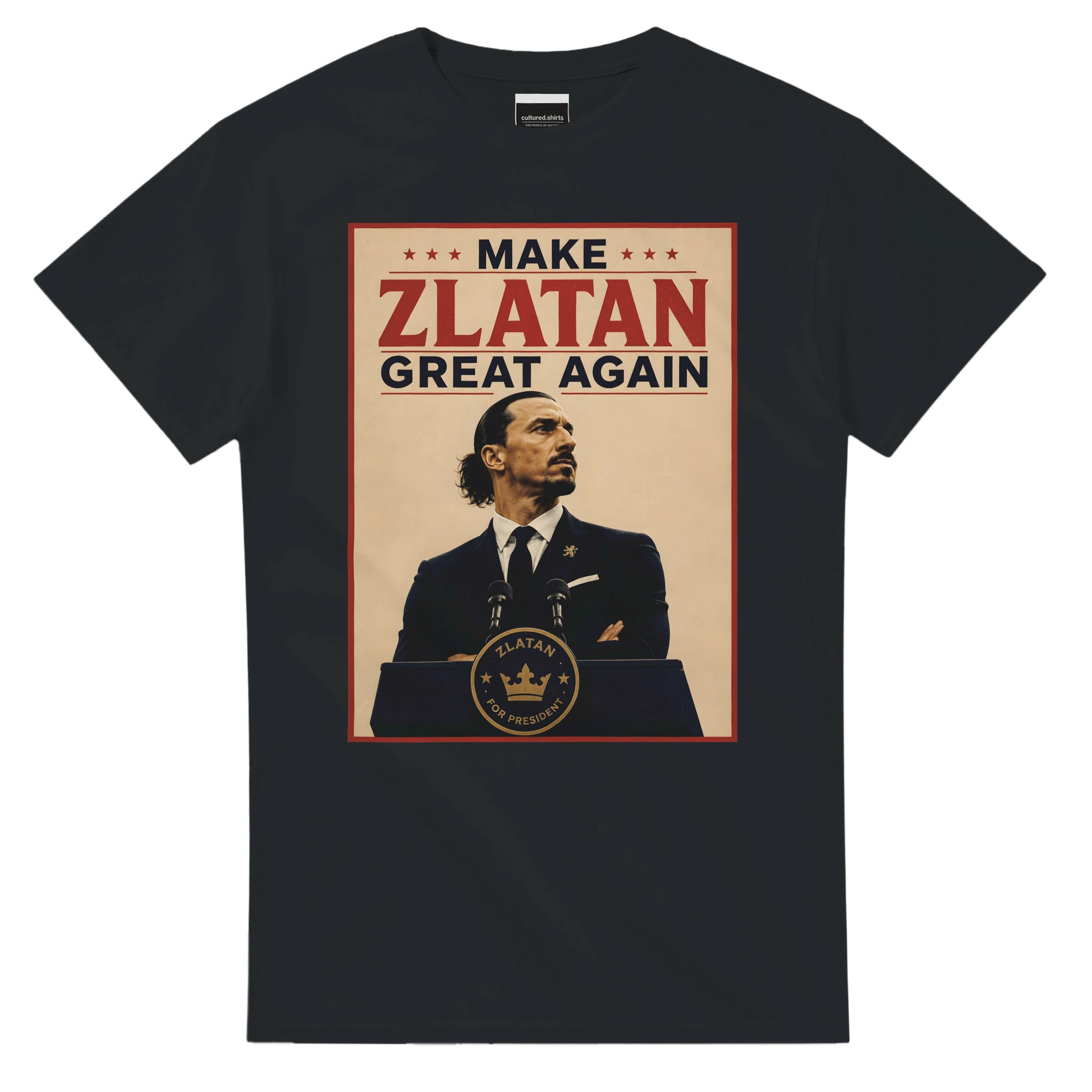 Black T-shirt with front graphic: “MAKE ZLATAN GREAT AGAIN” and Zlatan portrait