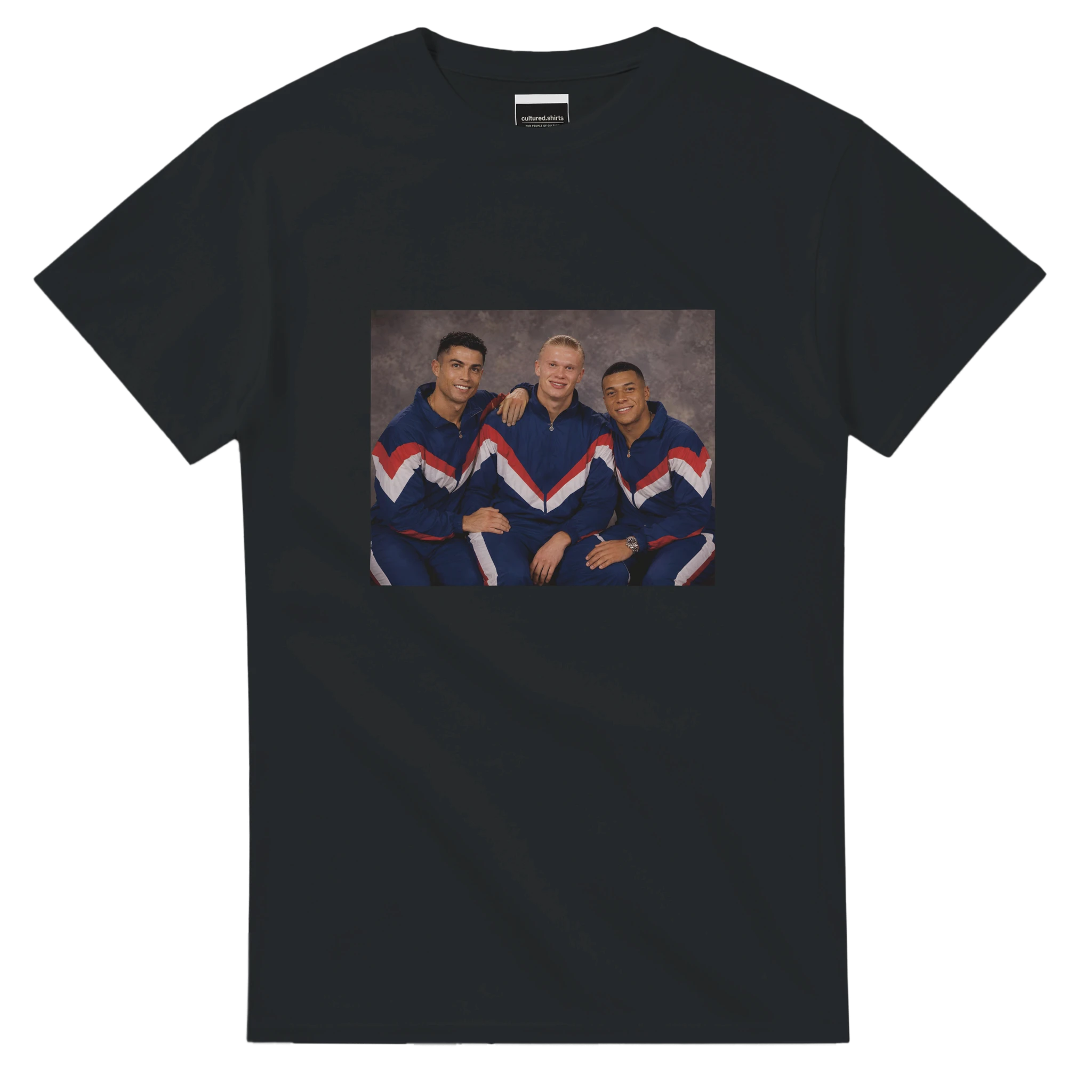 Black crewneck T-shirt with rectangular retro soccer player graphic on chest.
