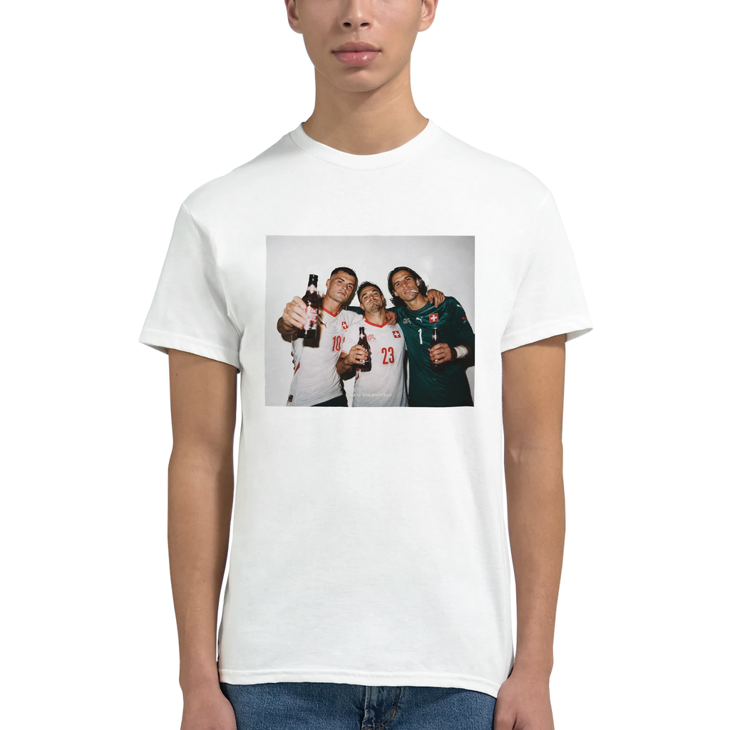 White crewneck graphic T-shirt with rectangular soccer players print