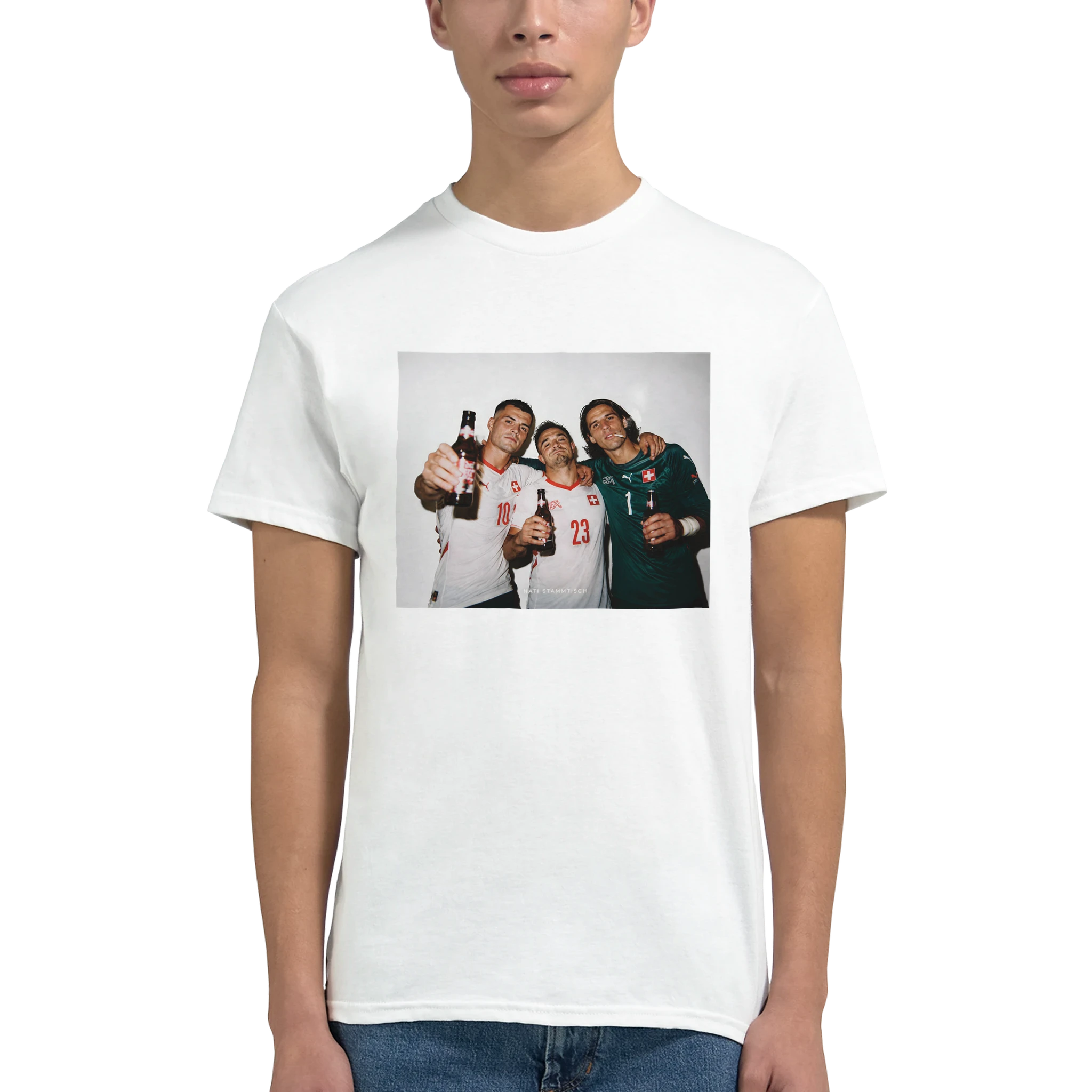 White crewneck graphic T-shirt with rectangular soccer players print