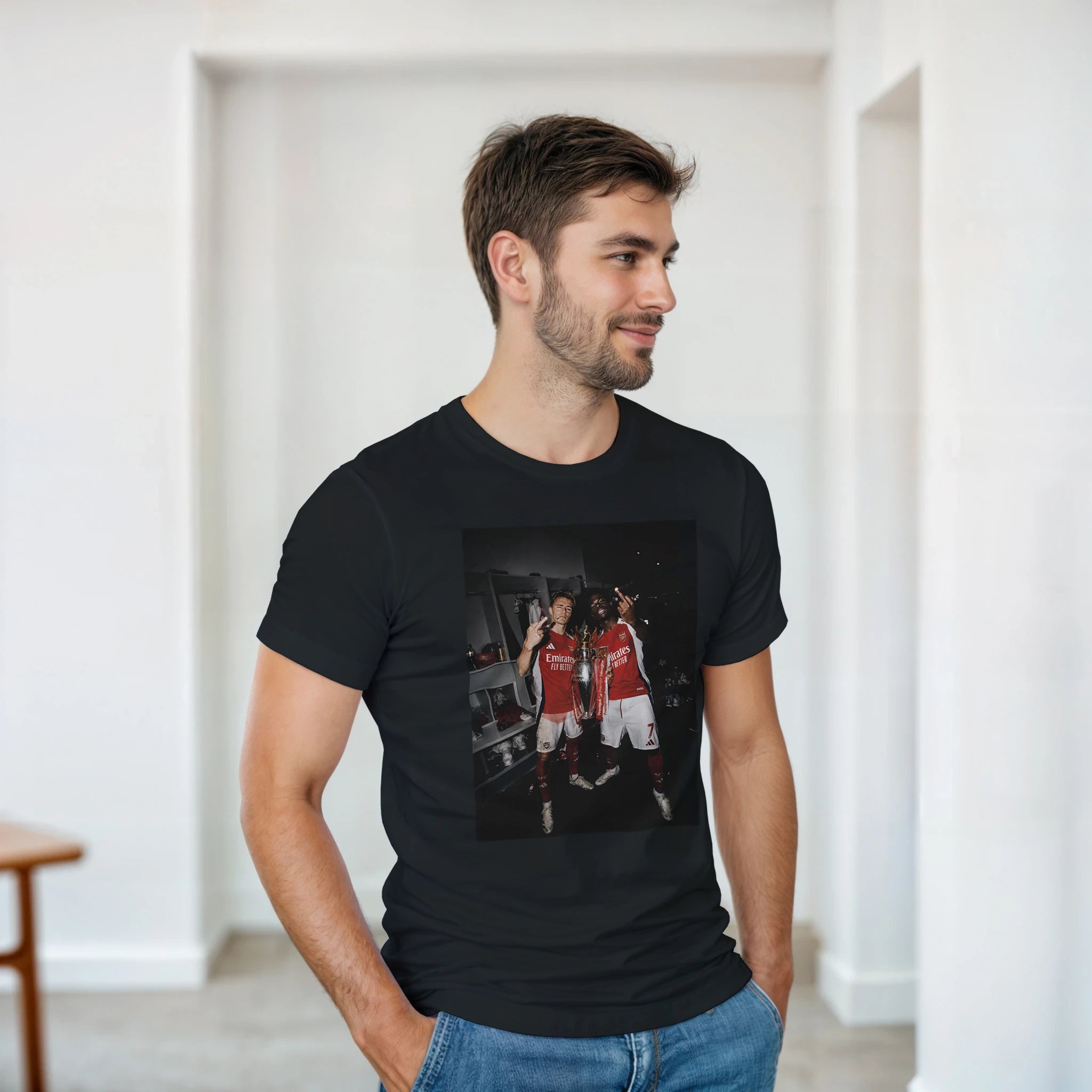 Black short-sleeve T-shirt with front fan-art photo graphic