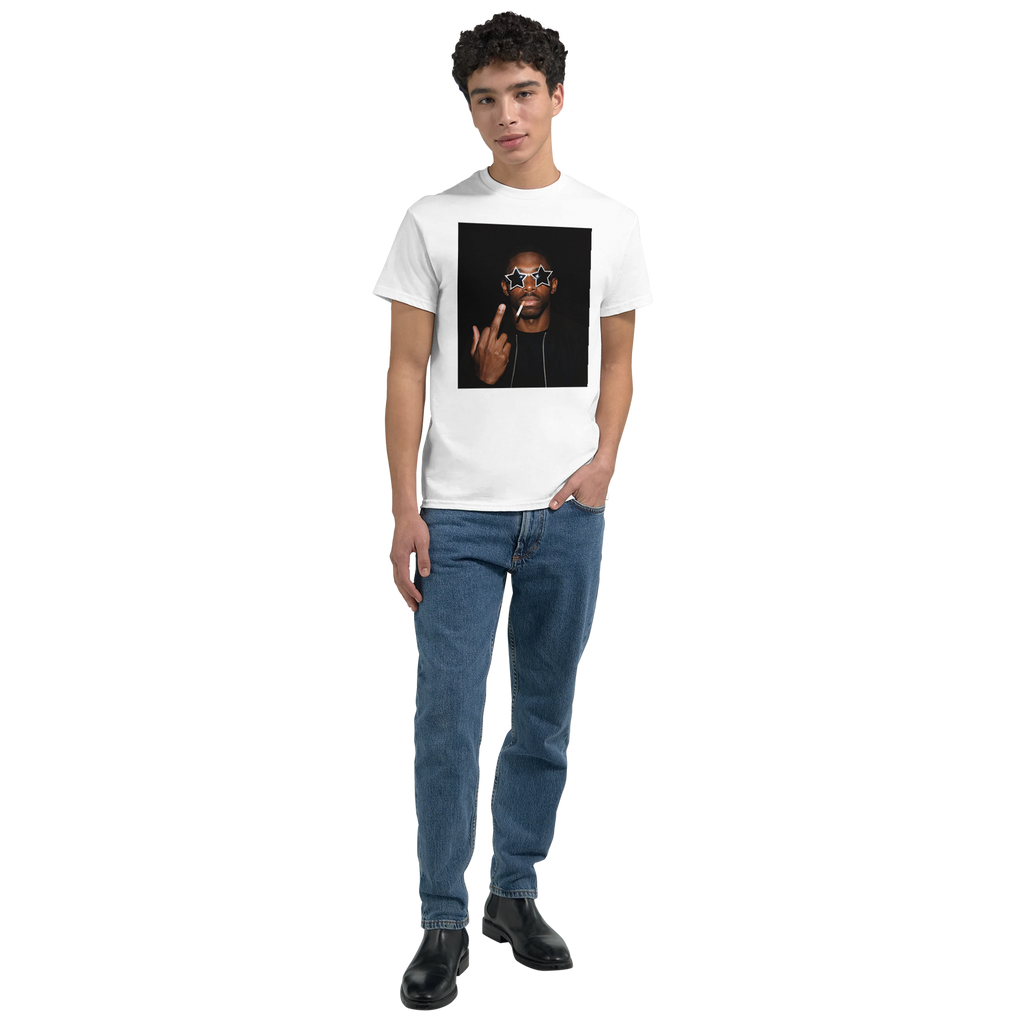 White graphic T-shirt with front portrait and star sunglasses print