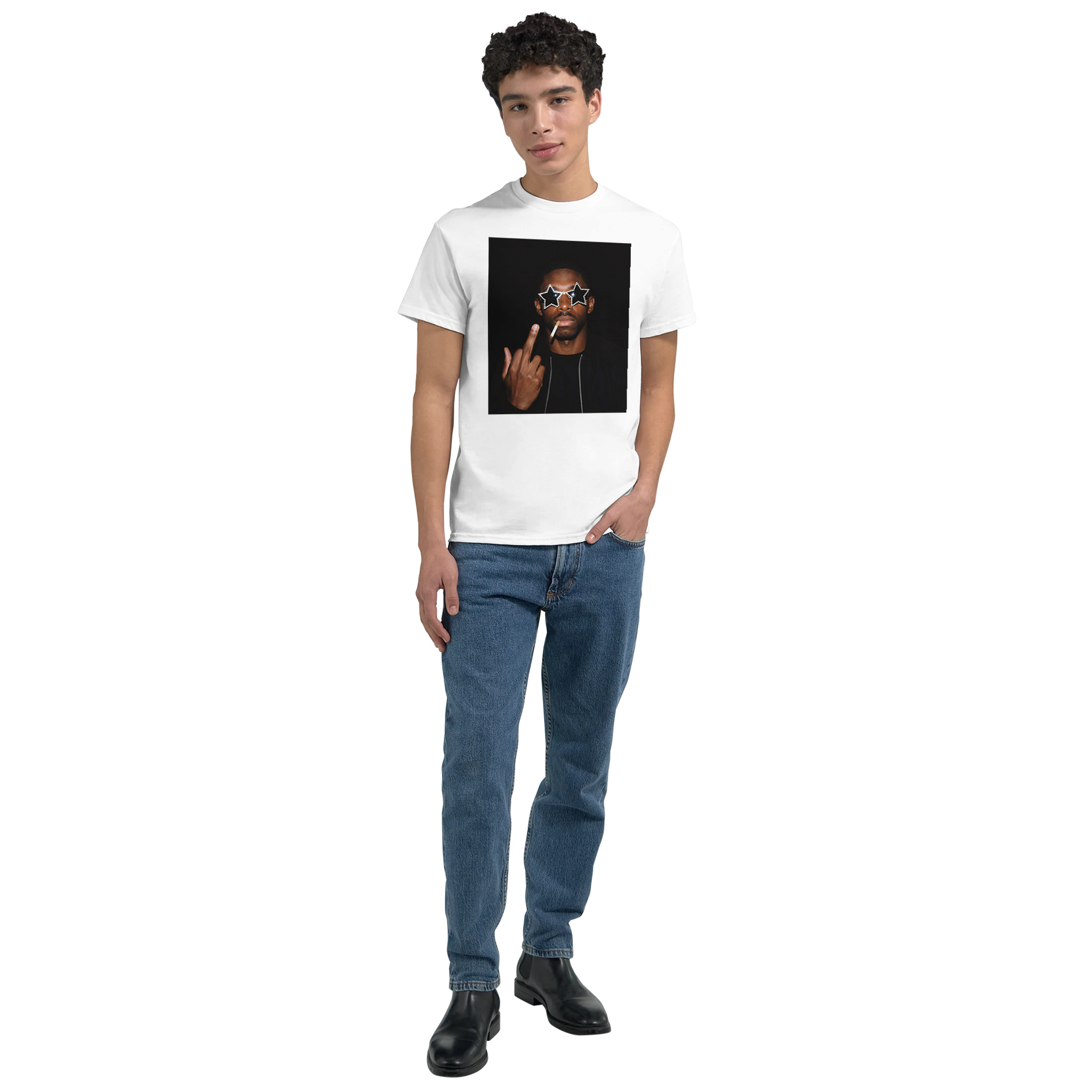 White graphic T-shirt with front portrait and star sunglasses print
