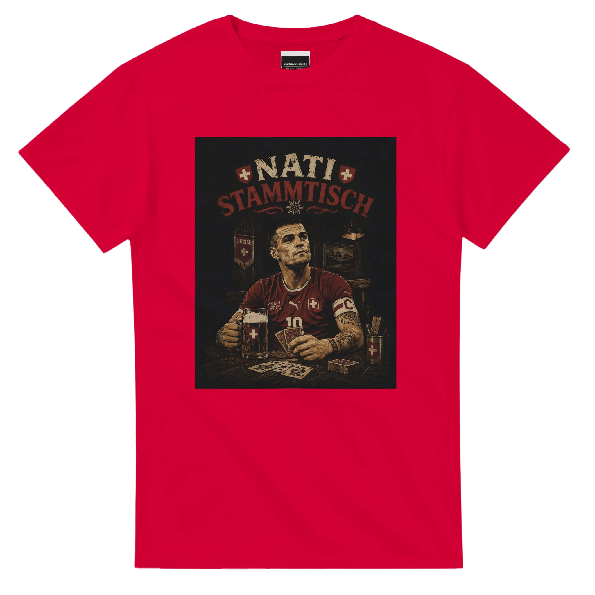 Red T-shirt with square 'Nati Stammisch' graphic print on chest