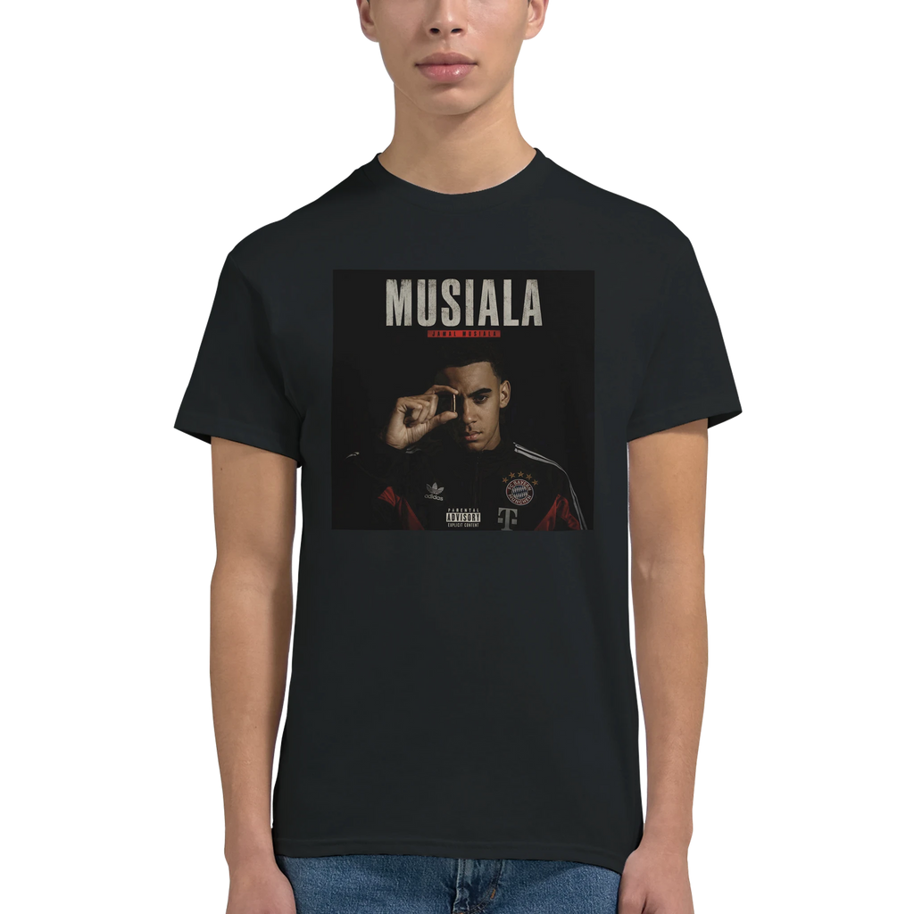 Black crewneck T-shirt on model, front Musiala graphic print
