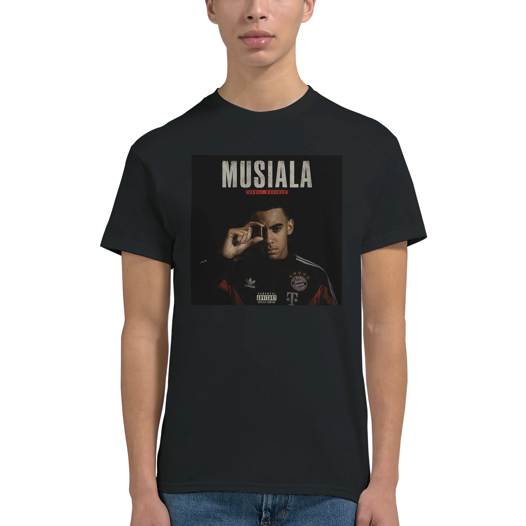 Black crewneck T-shirt on model, front Musiala graphic print