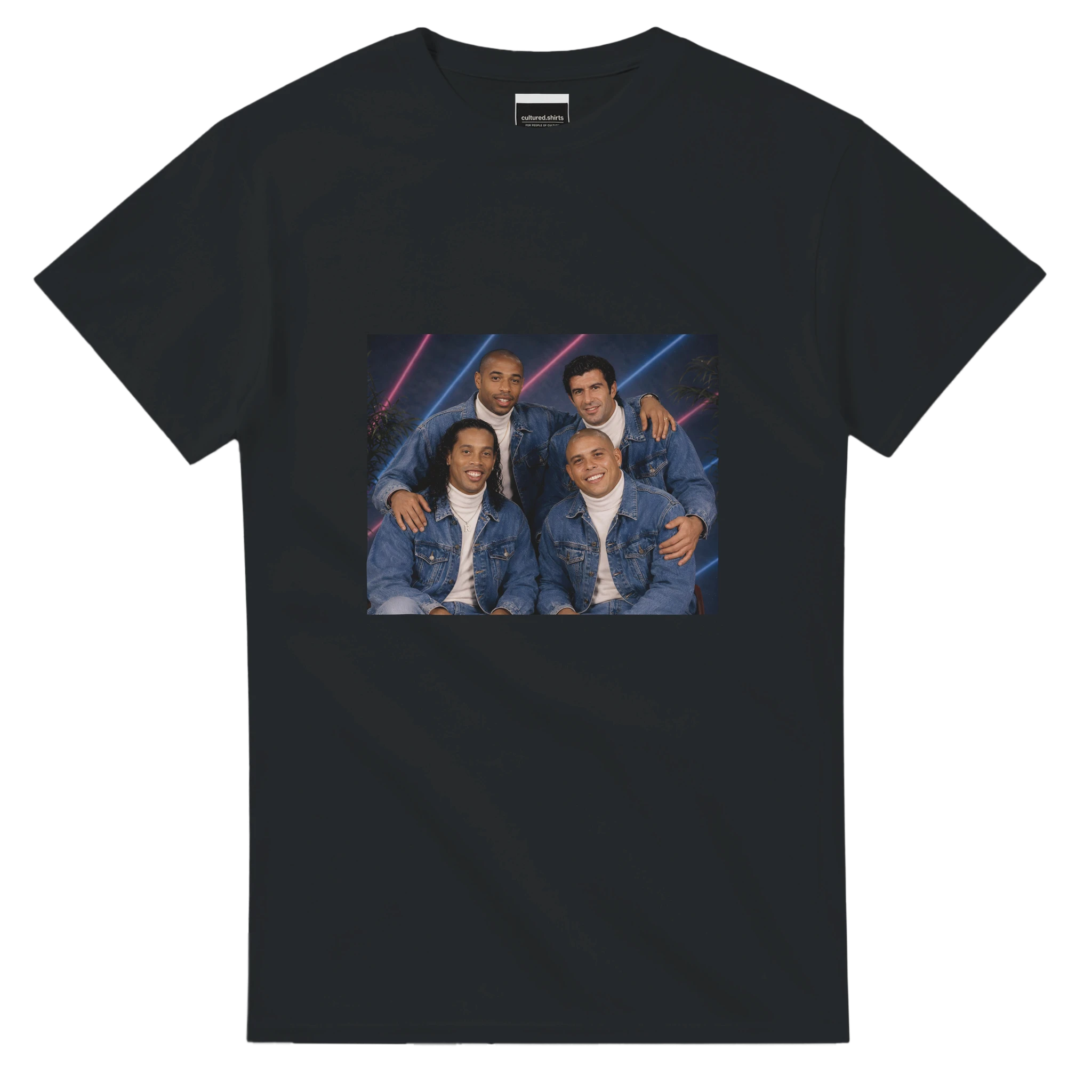 Black crew-neck T-shirt with front photo-style square graphic