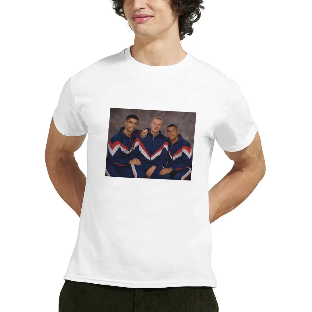 White crewneck T-shirt with retro soccer player graphic, model chest view.