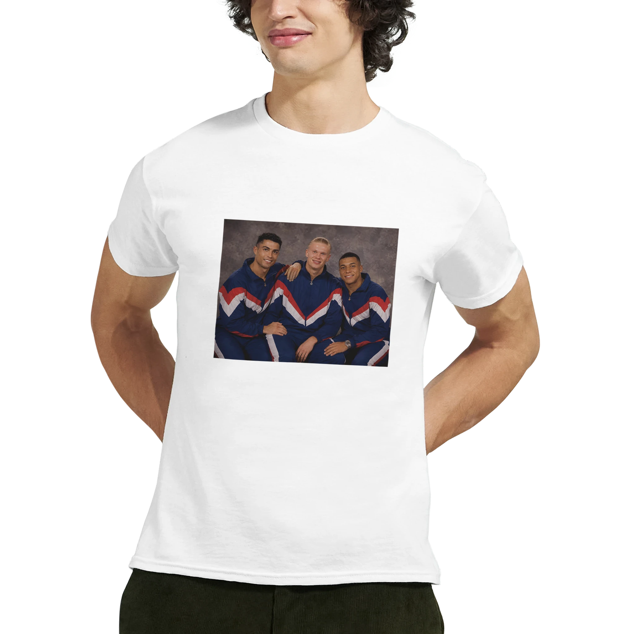 White crewneck T-shirt with retro soccer player graphic, model chest view.