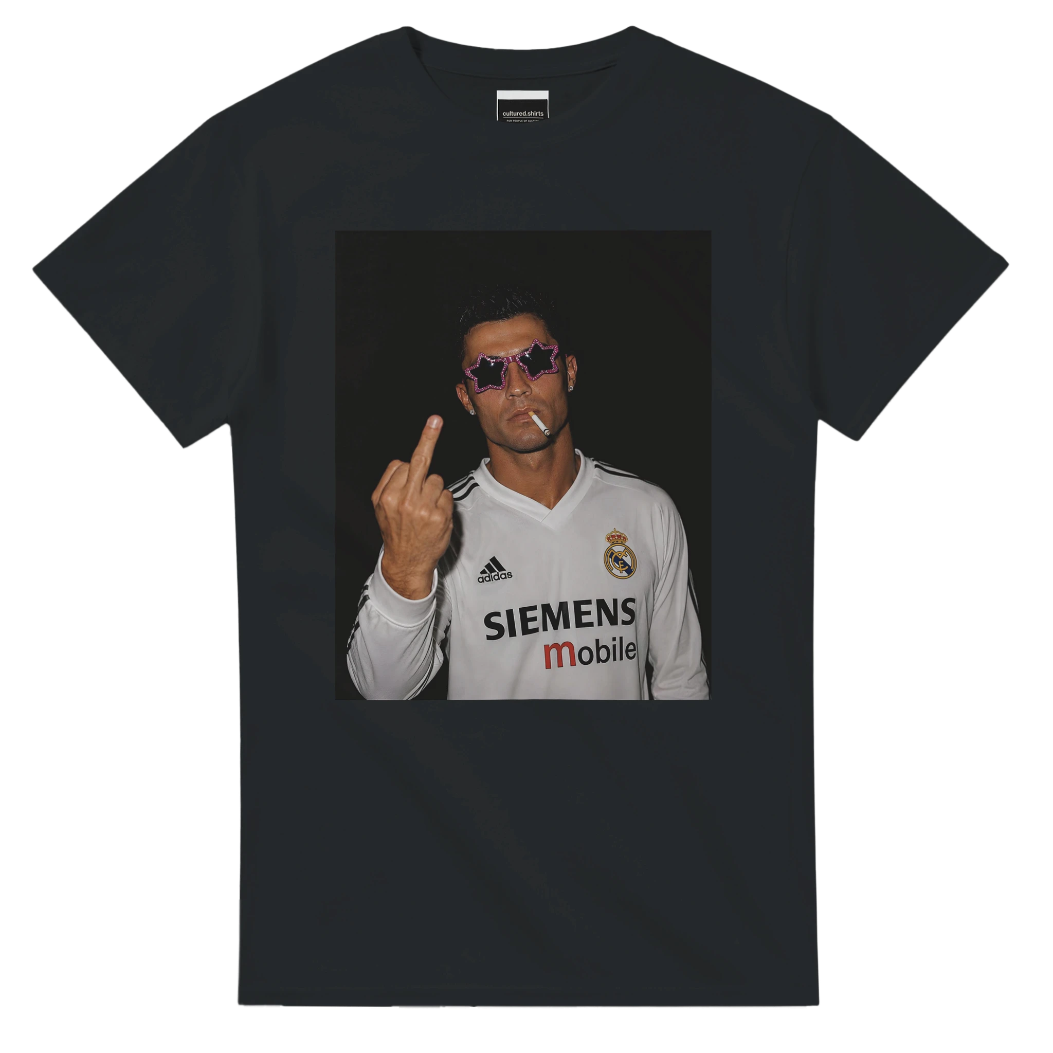 Black crewneck T-shirt with front square photo graphic of Ronaldo holding up fingers