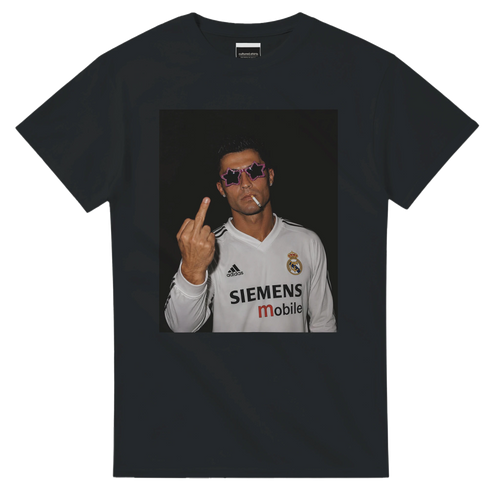 Black crewneck T-shirt with front square photo graphic of Ronaldo holding up fingers