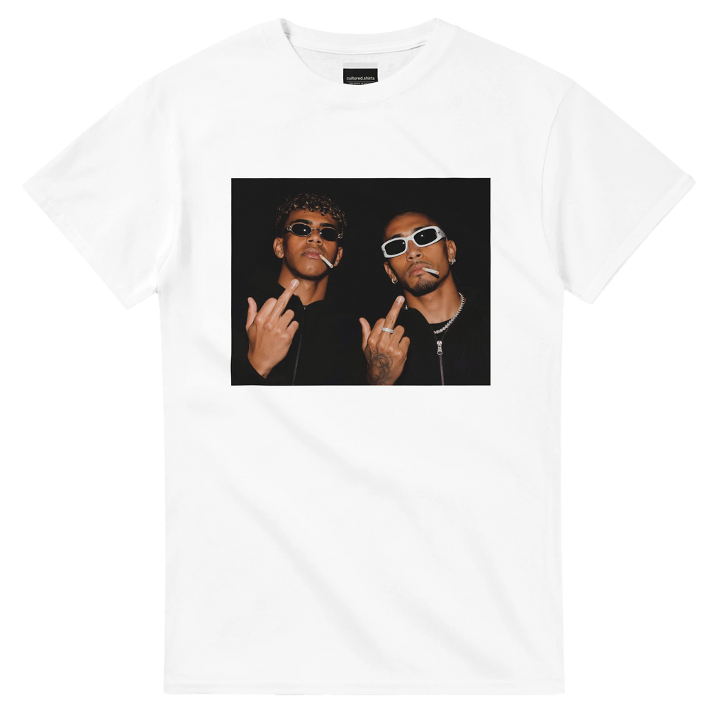 White cotton T-shirt with front rectangular photo graphic of two men wearing sunglasses