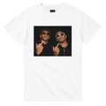 White cotton T-shirt with front rectangular photo graphic of two men wearing sunglasses