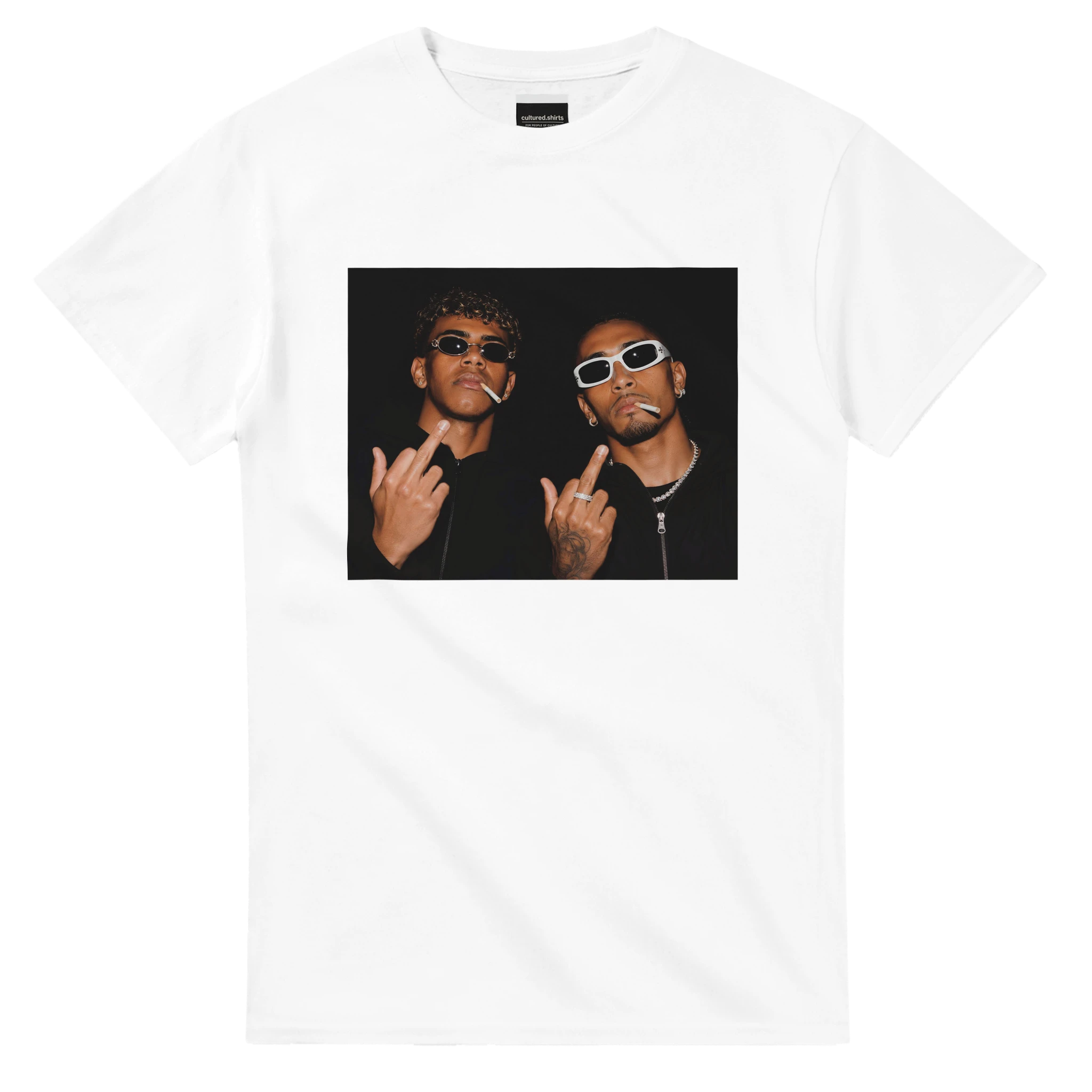 White cotton T-shirt with front rectangular photo graphic of two men wearing sunglasses
