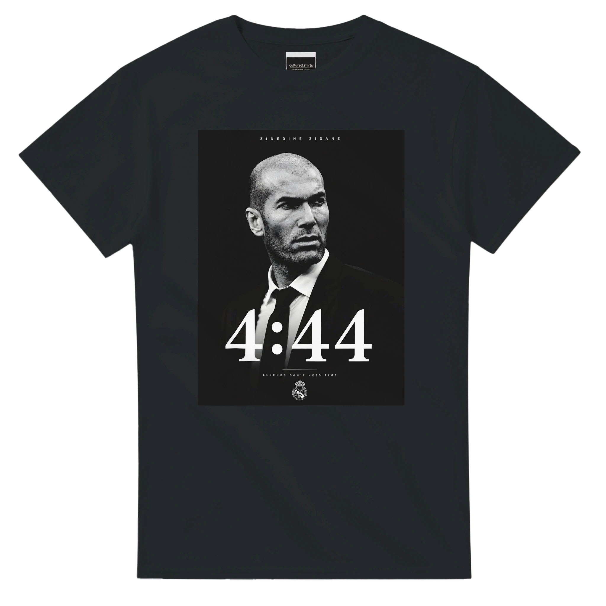 Black Zinedine Zidane T-shirt with black square portrait graphic and '4:44' text