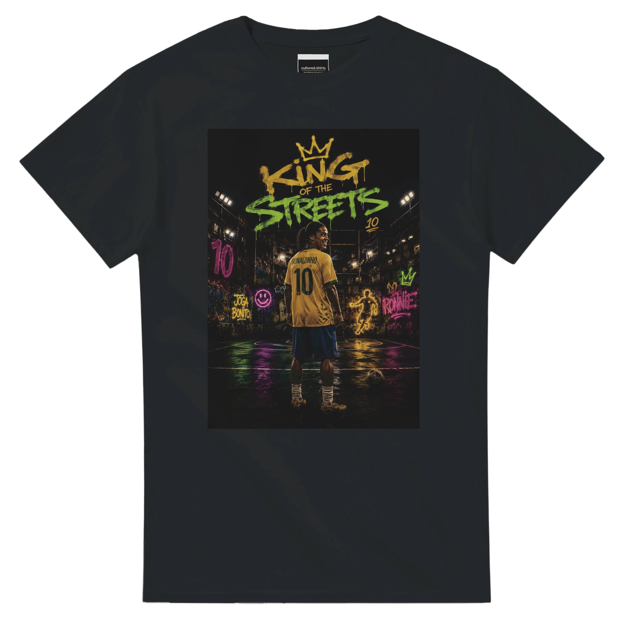 Black T-shirt with centered square street football graphic print