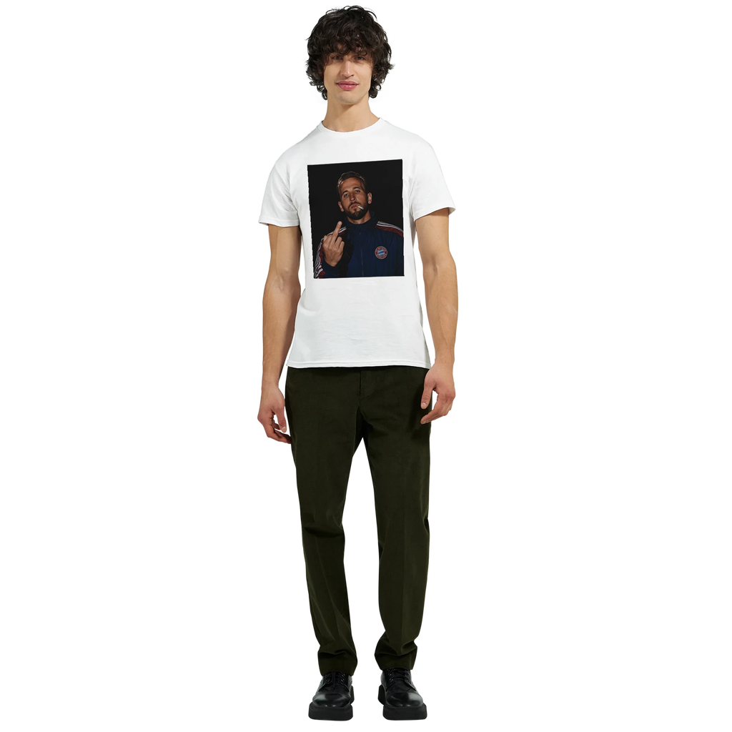 White graphic football tee with square portrait print, worn by model