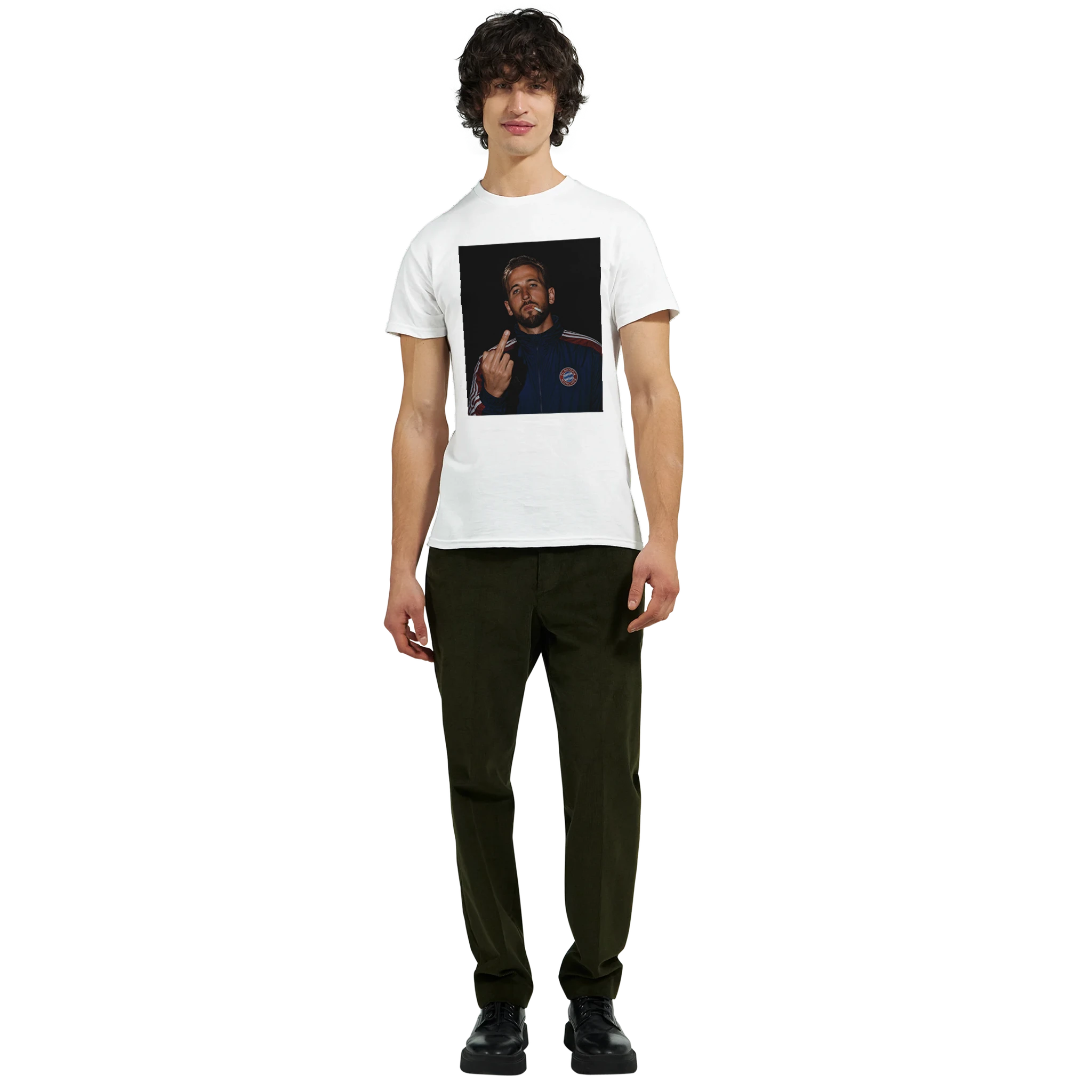 White graphic football tee with square portrait print, worn by model