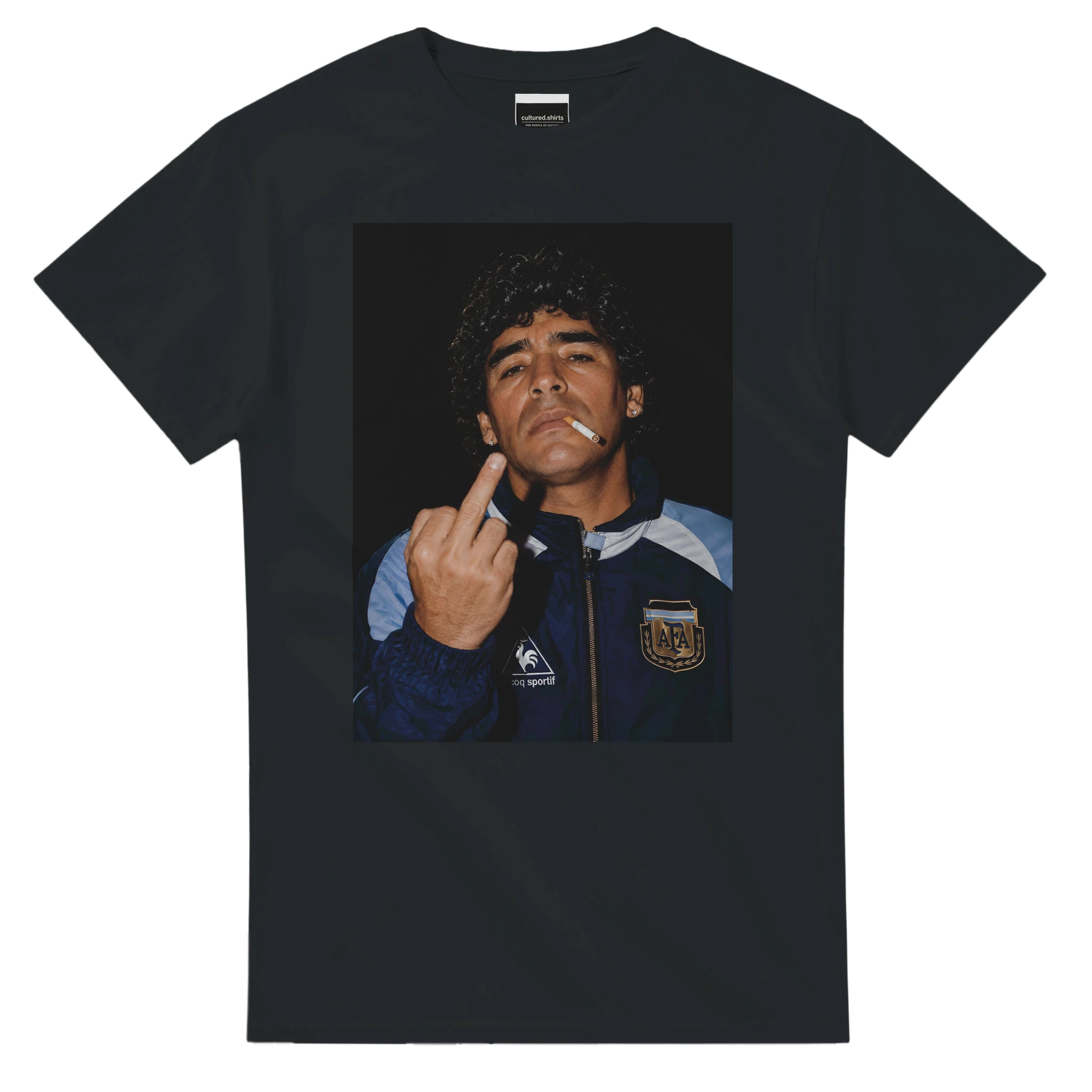 Black crewneck football tee with portrait graphic and hand gesture on front