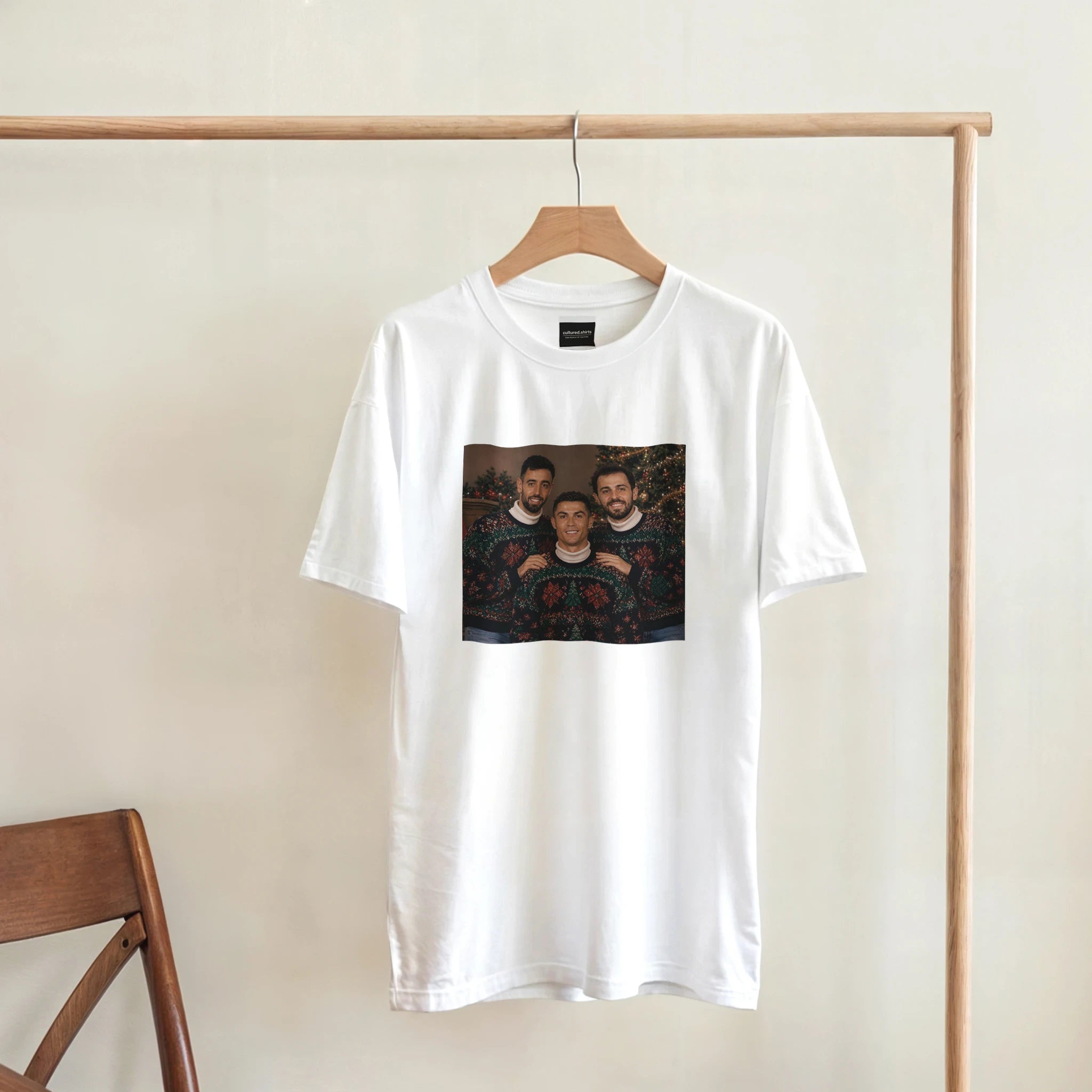 White crewneck T-shirt with small square holiday photo graphic on front