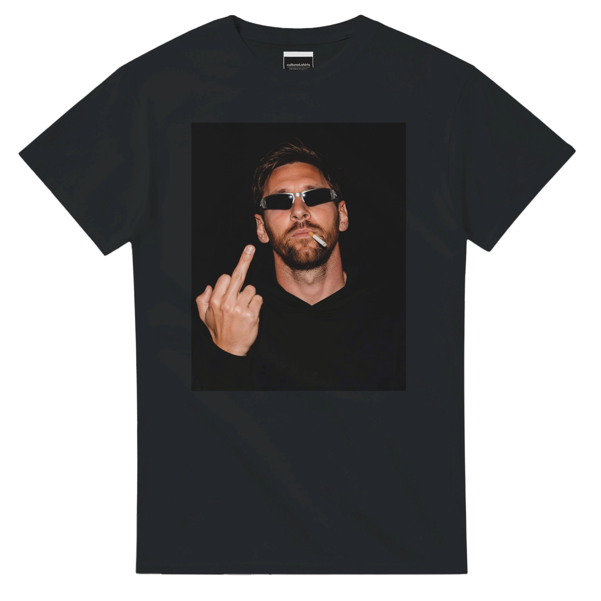 Black graphic t-shirt with portrait of man in sunglasses making a peace sign.