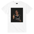White cotton T-shirt with front portrait graphic and 'SIEMENS' print