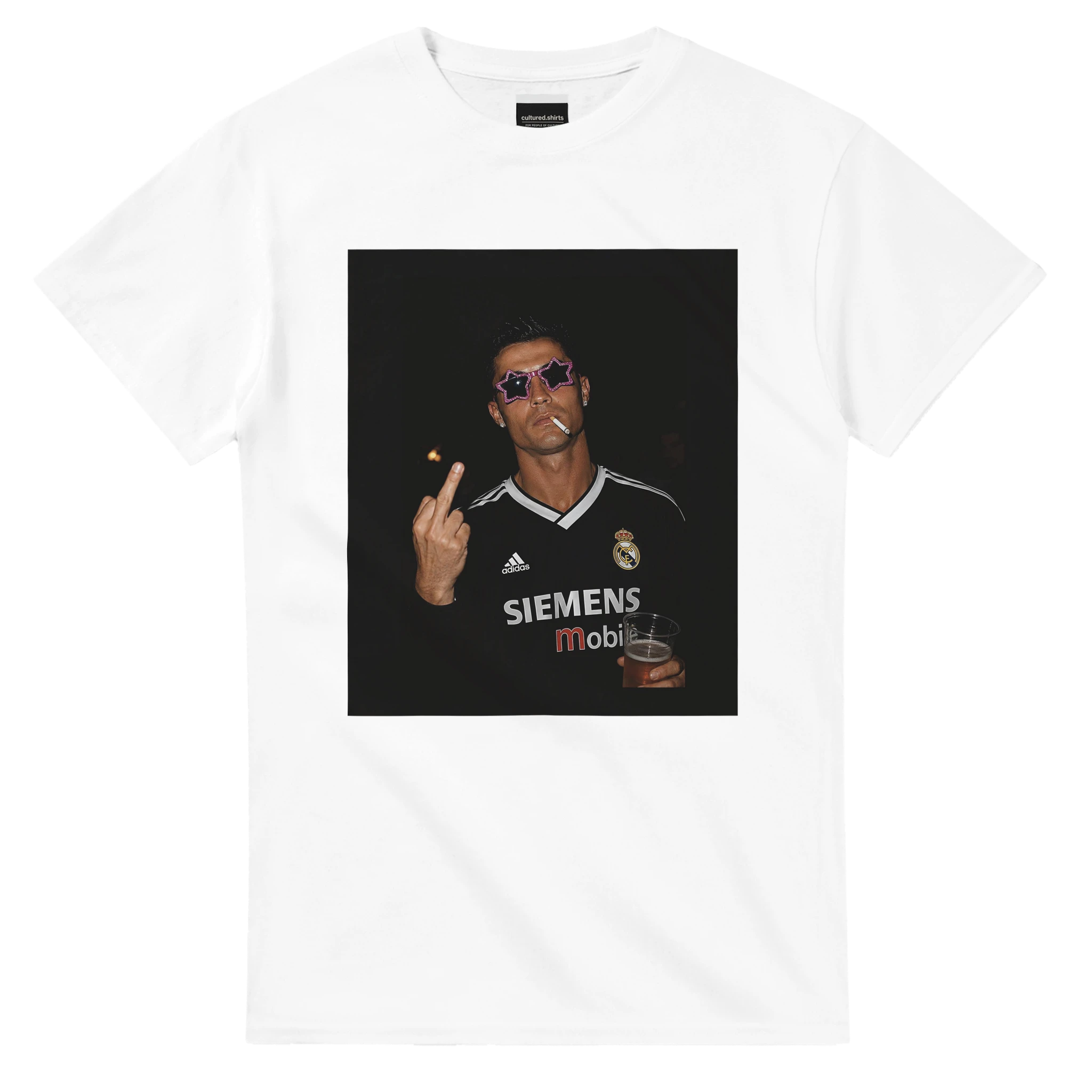 White cotton T-shirt with front portrait graphic and 'SIEMENS' print