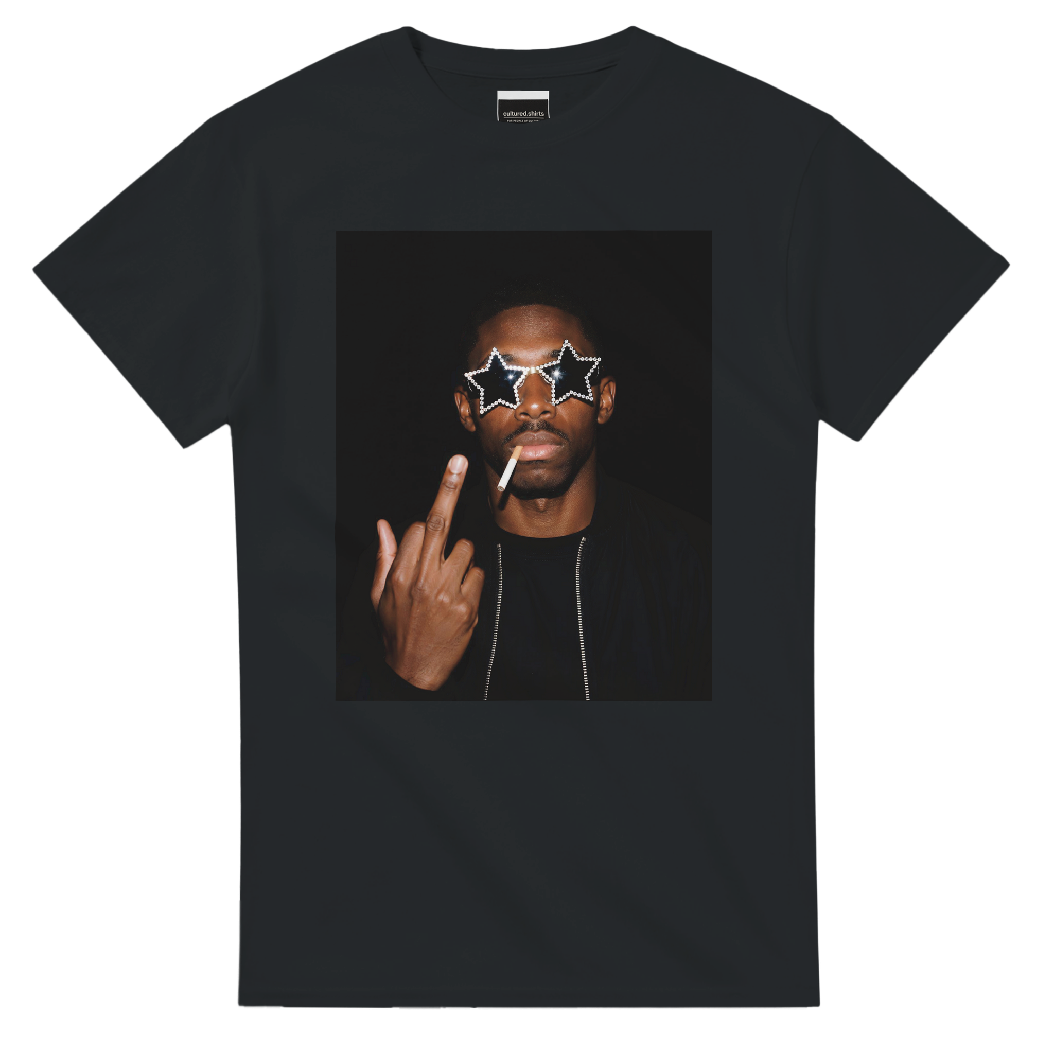 Black graphic football T-shirt with portrait and star sunglasses print