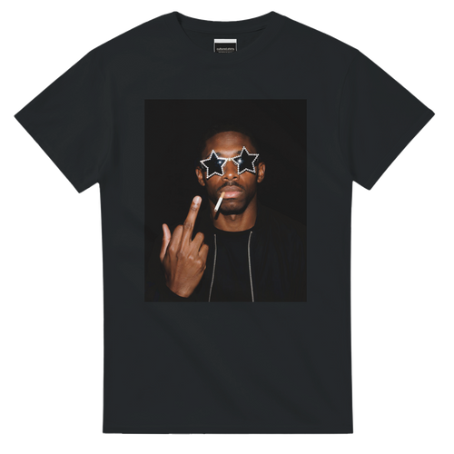 Black graphic football T-shirt with portrait and star sunglasses print