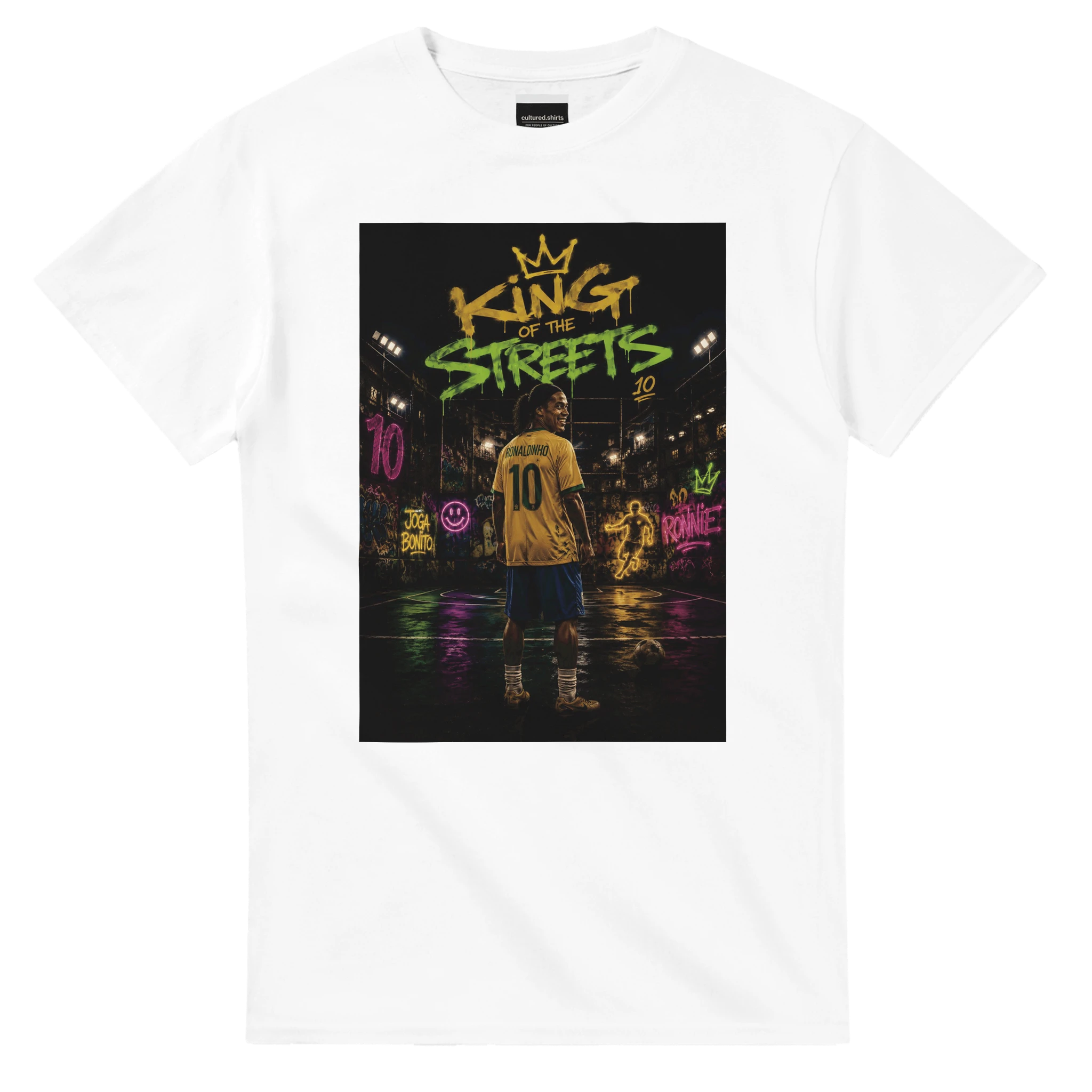 White T-shirt with centered square street football graphic print