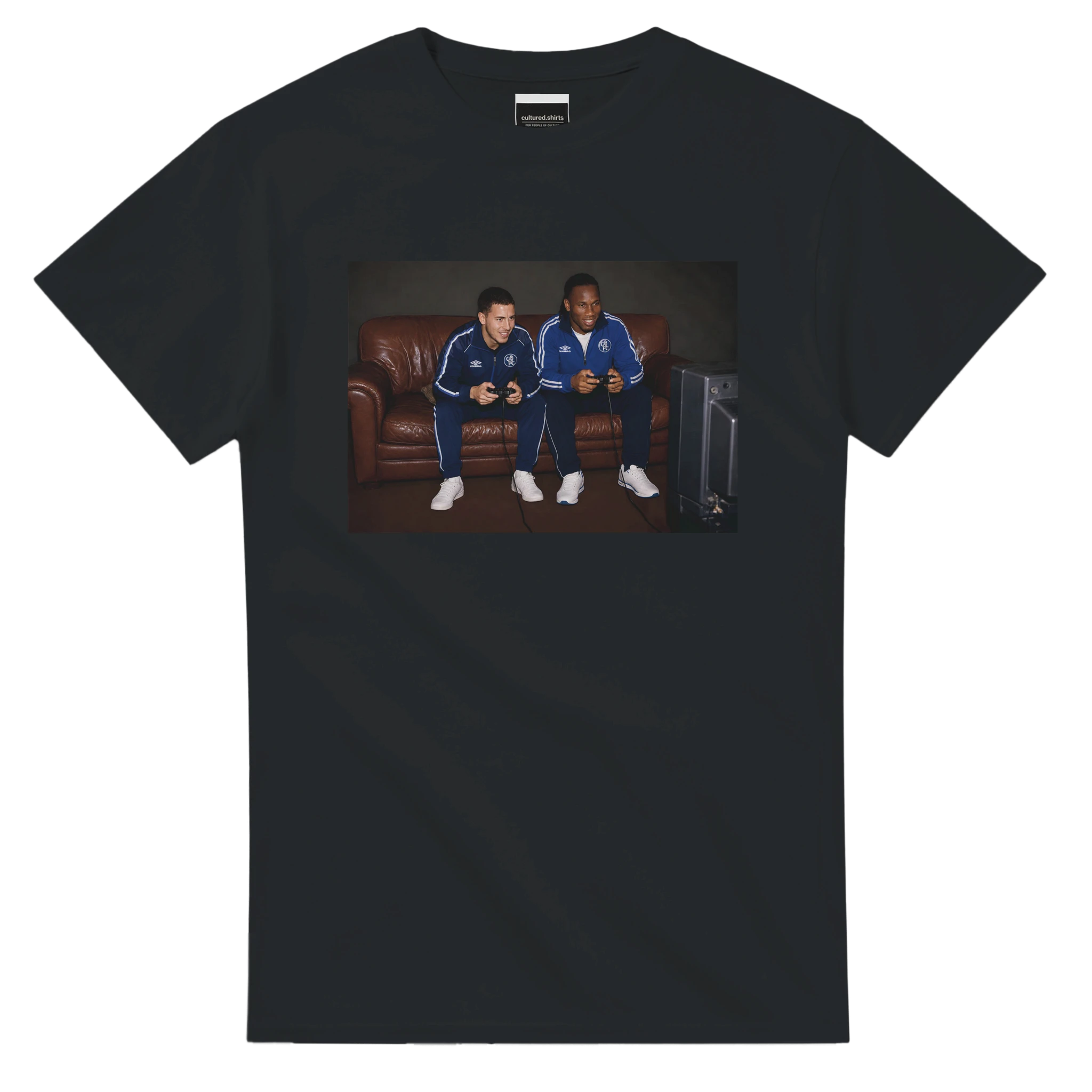 Black crew-neck T-shirt with rectangular graphic of two players in blue on front