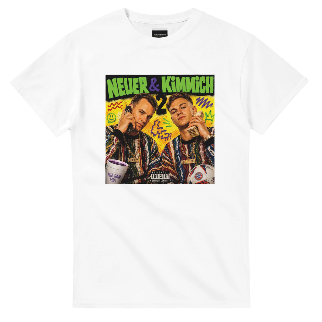 White fan art T-shirt with NEUER & KIMMICH graphic on front