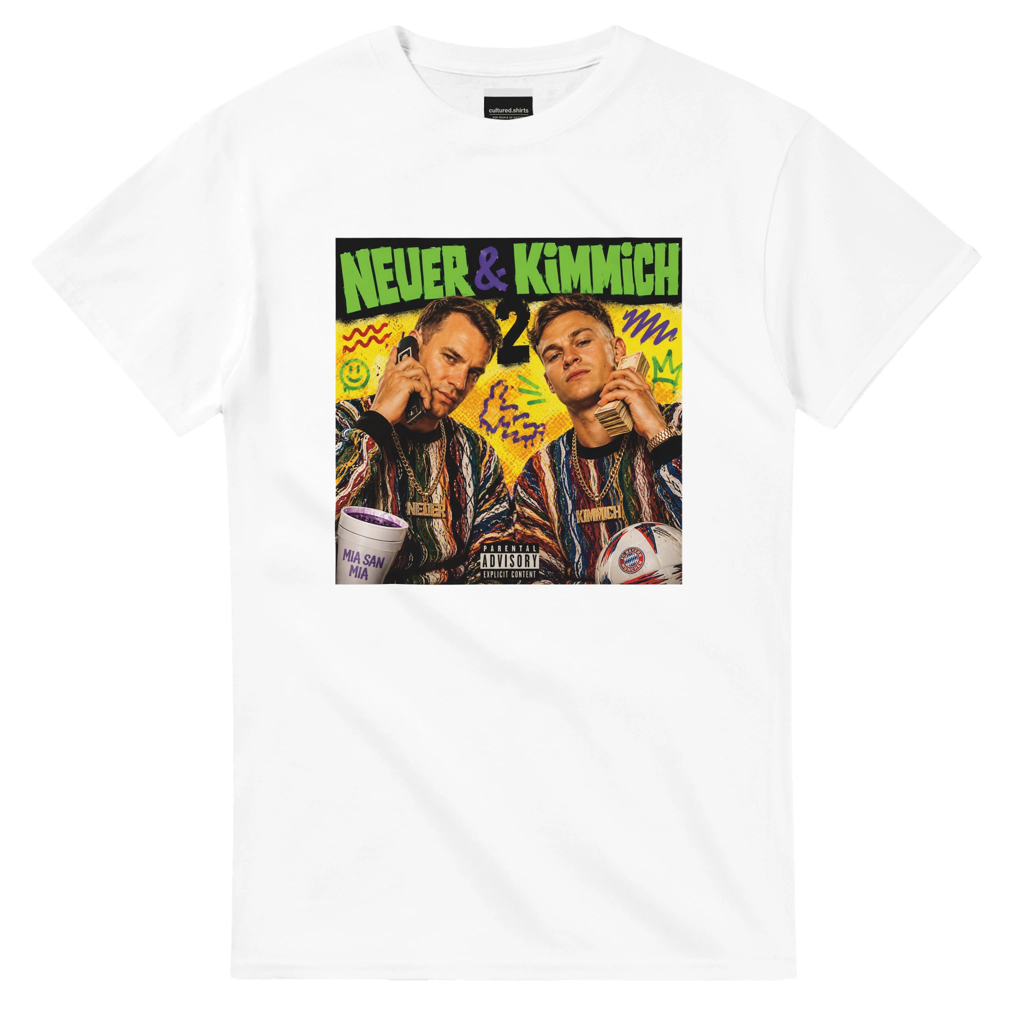 White fan art T-shirt with NEUER & KIMMICH graphic on front