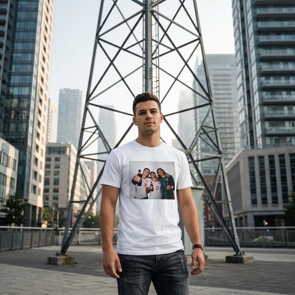 White T-shirt worn by a man outdoors, featuring a rectangular player fan art print