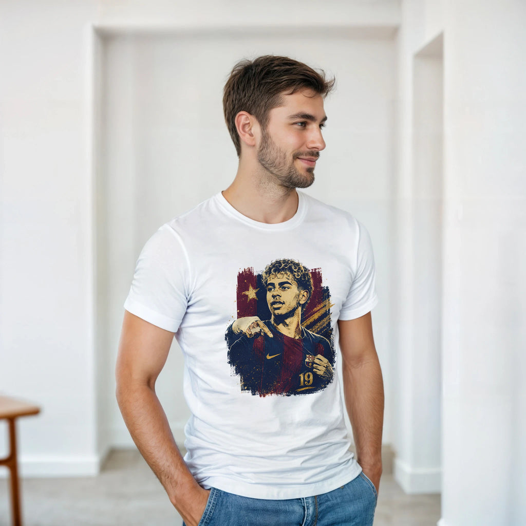 White T-shirt worn by a man with chest Lamine portrait graphic and stars