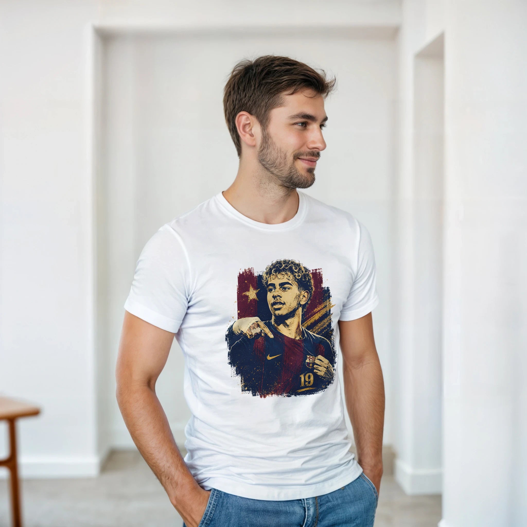 White T-shirt worn by a man with chest Lamine portrait graphic and stars