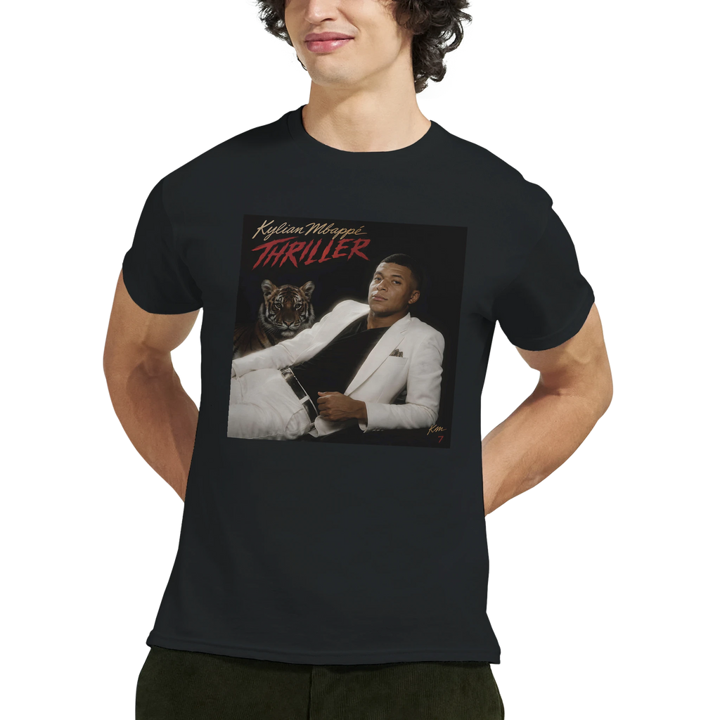Black crew-neck T-shirt worn by model with square 'Thriller' graphic on chest