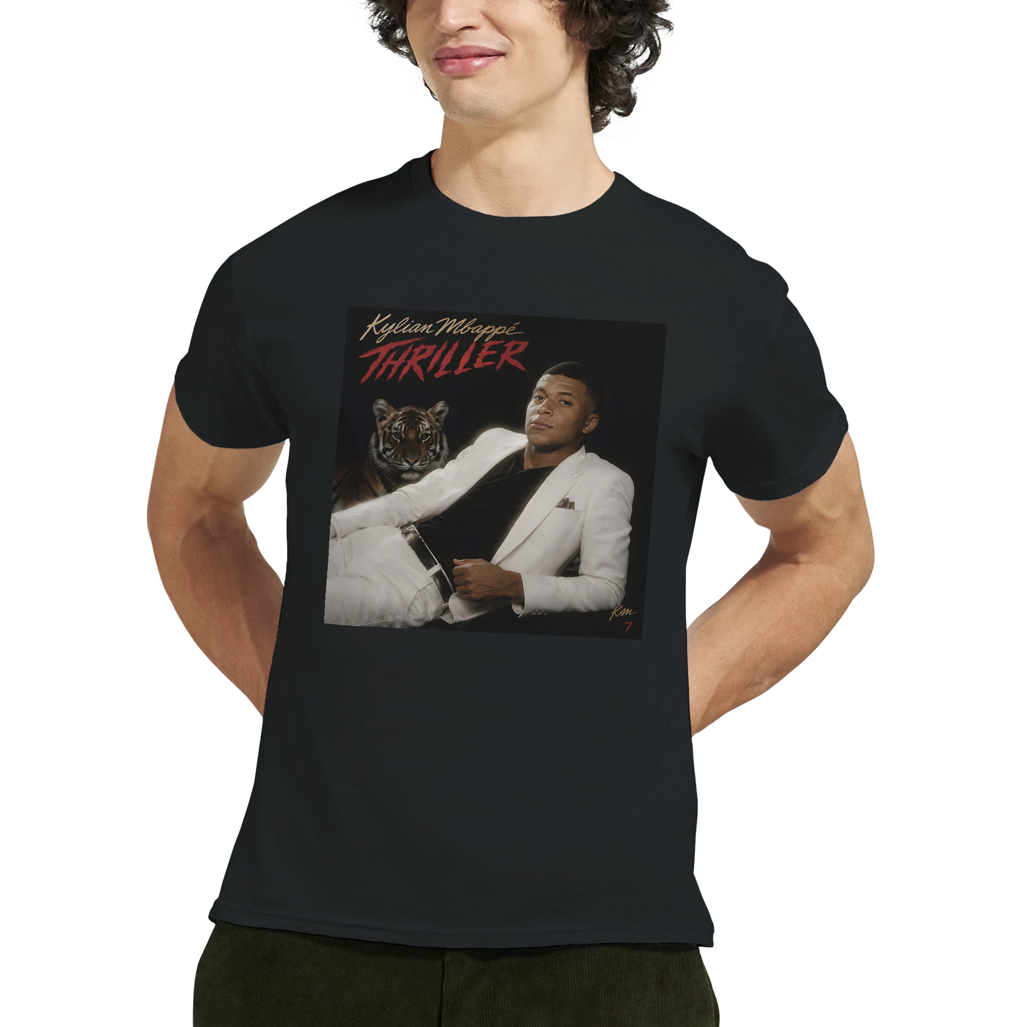 Black crew-neck T-shirt worn by model with square 'Thriller' graphic on chest