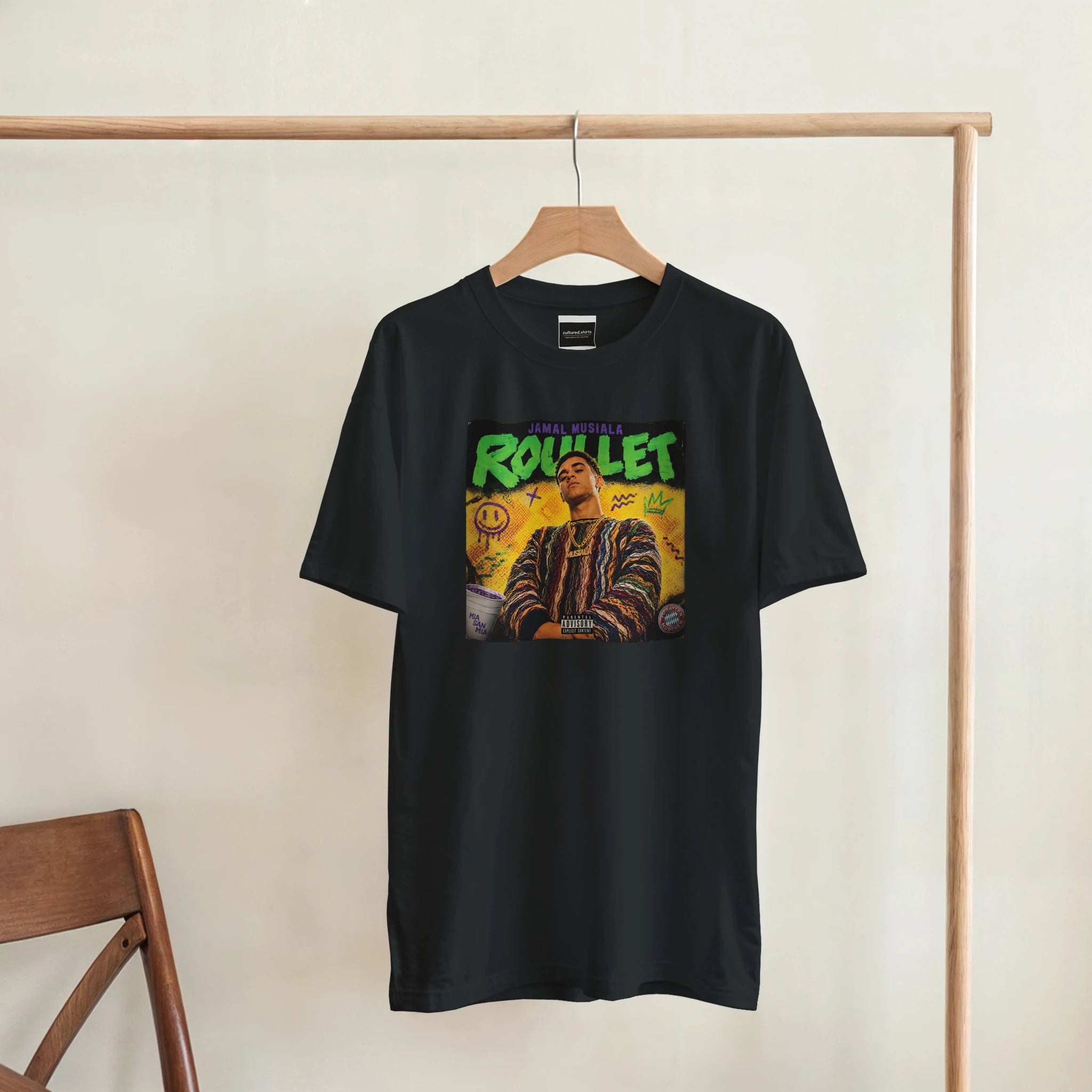 Black crew-neck T-shirt on a hanger with front “ROULET” graphic portrait