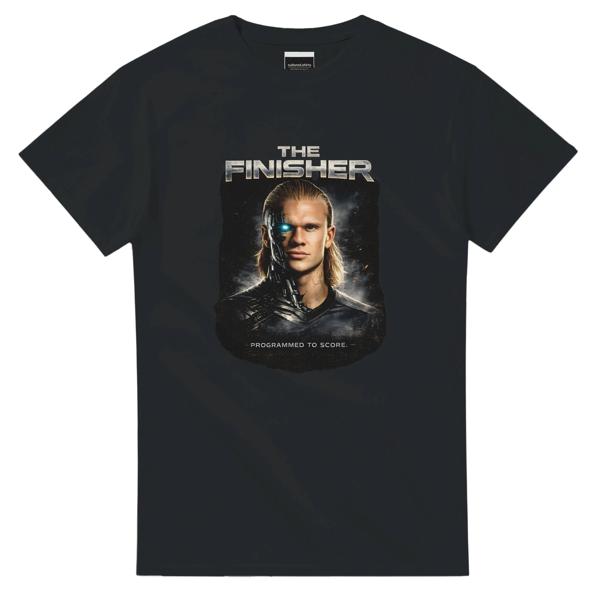 Black short-sleeve T-shirt with front portrait graphic and “THE FINISHER” text
