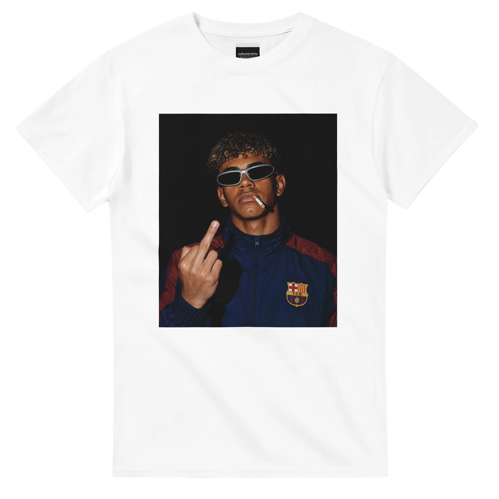 White crewneck T-shirt with portrait graphic of man in sunglasses pointing