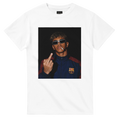 White crewneck T-shirt with portrait graphic of man in sunglasses pointing