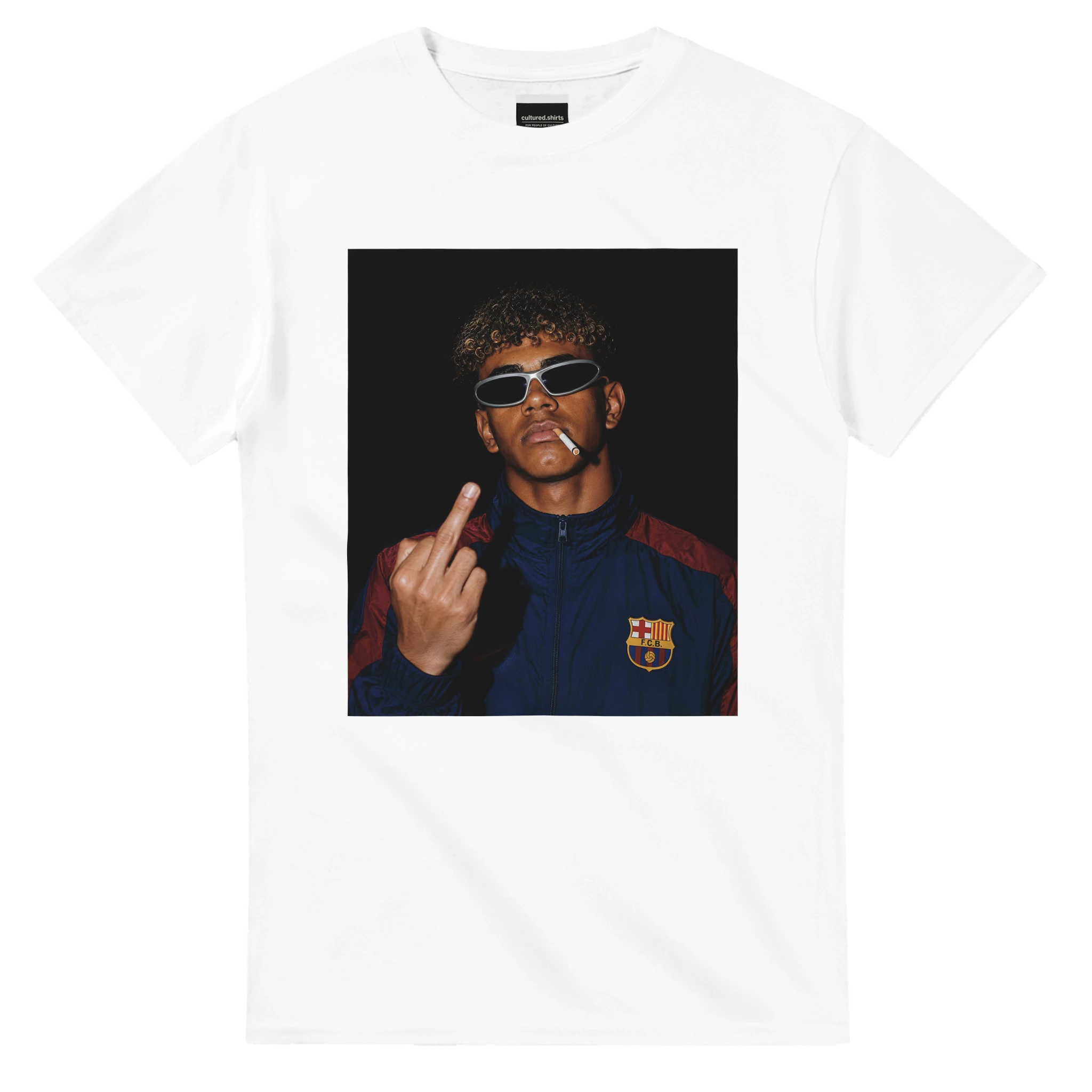 White crewneck T-shirt with portrait graphic of man in sunglasses pointing