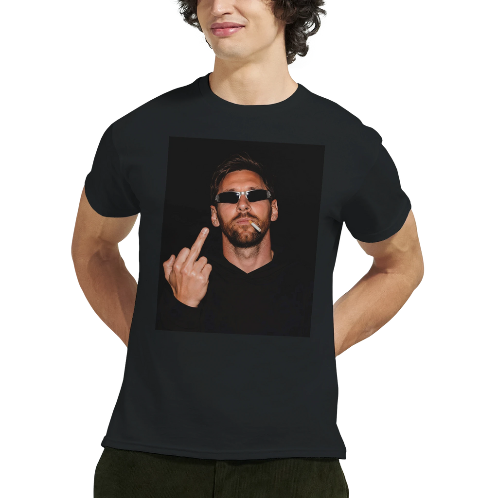 Black graphic t-shirt front view, portrait of man in sunglasses with peace sign print.