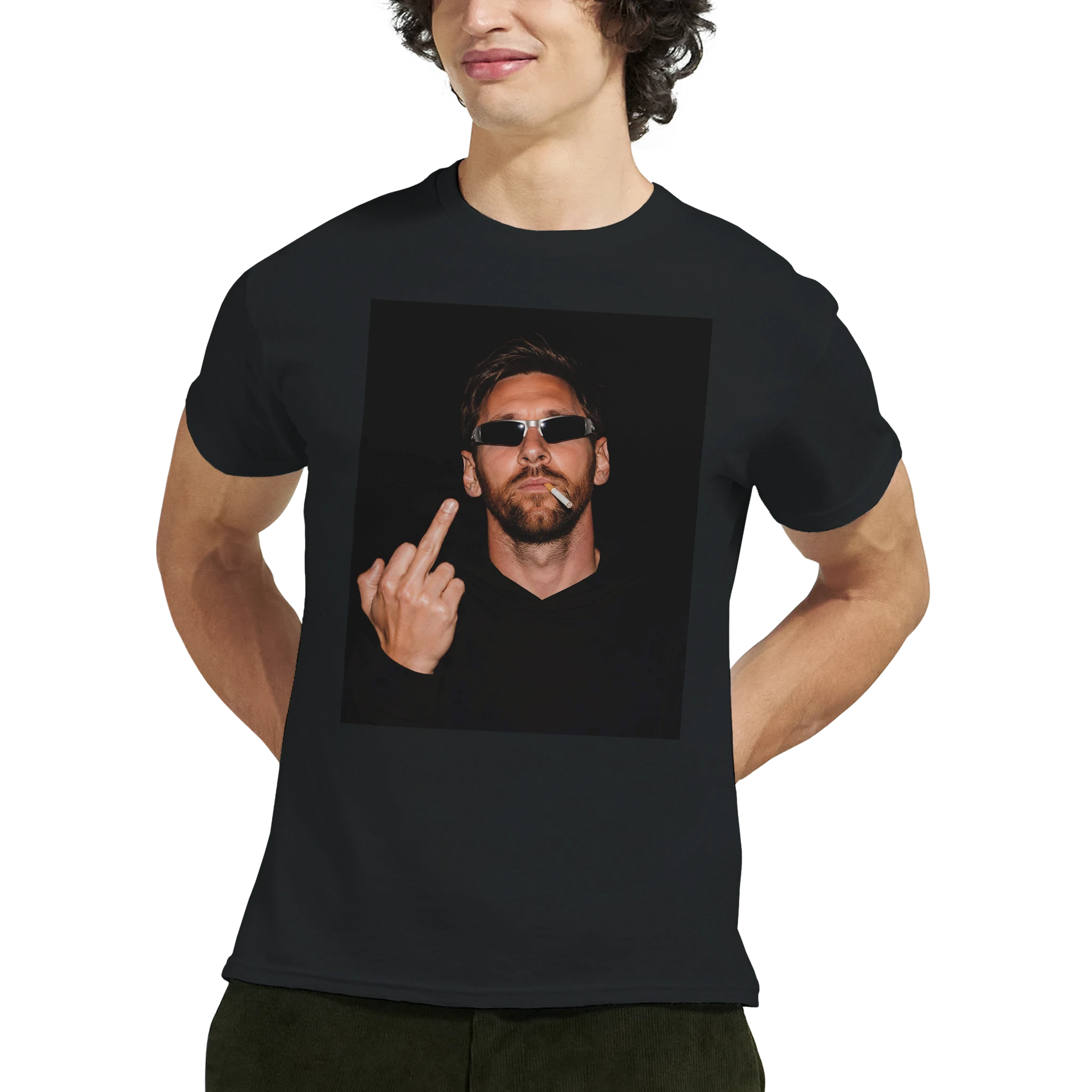 Black graphic t-shirt front view, portrait of man in sunglasses with peace sign print.
