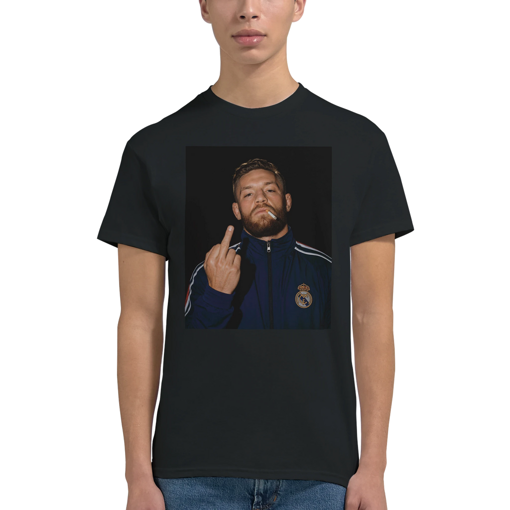 Black crewneck T-shirt with centered Conor McGregor portrait graphic, model waist-up