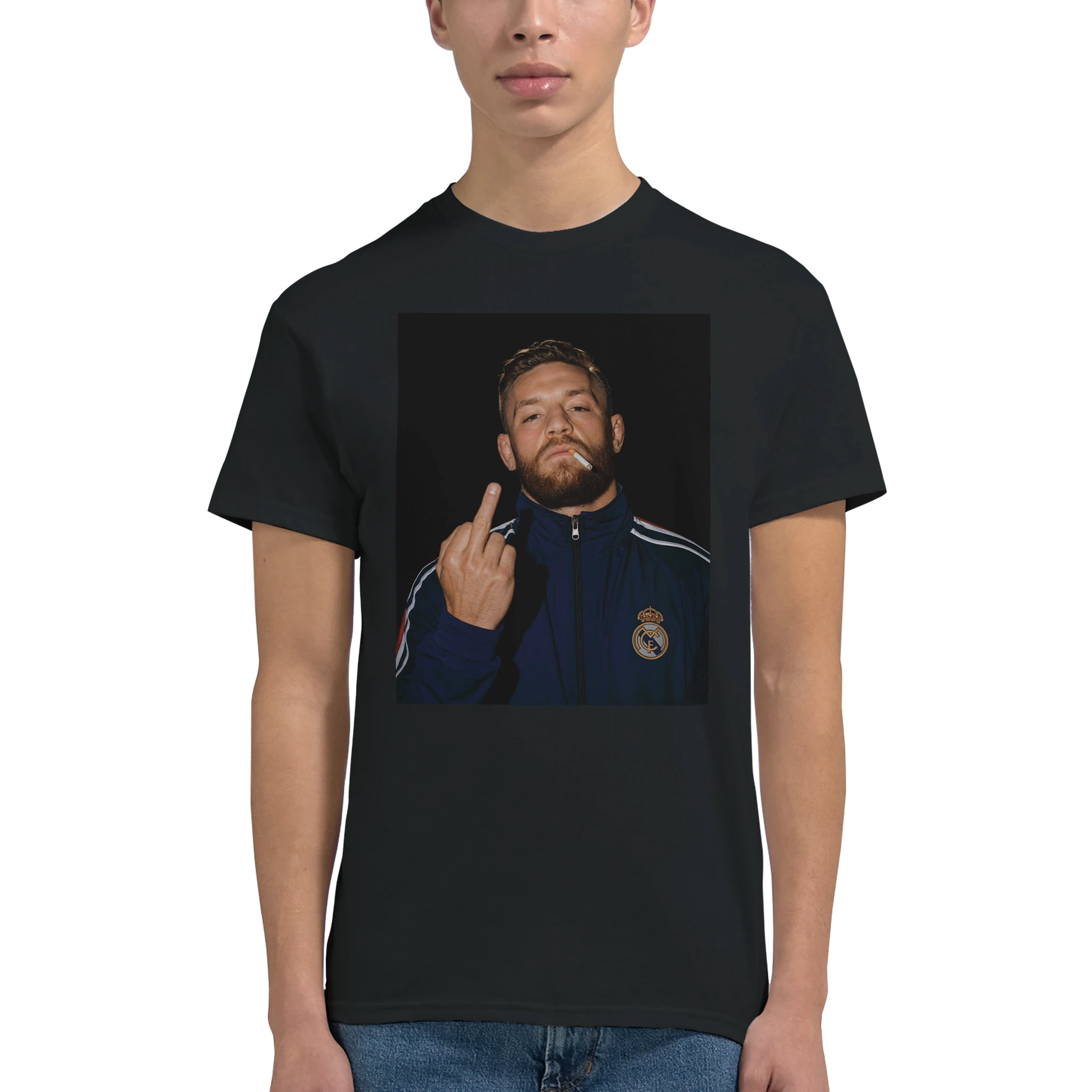 Black crewneck T-shirt with centered Conor McGregor portrait graphic, model waist-up